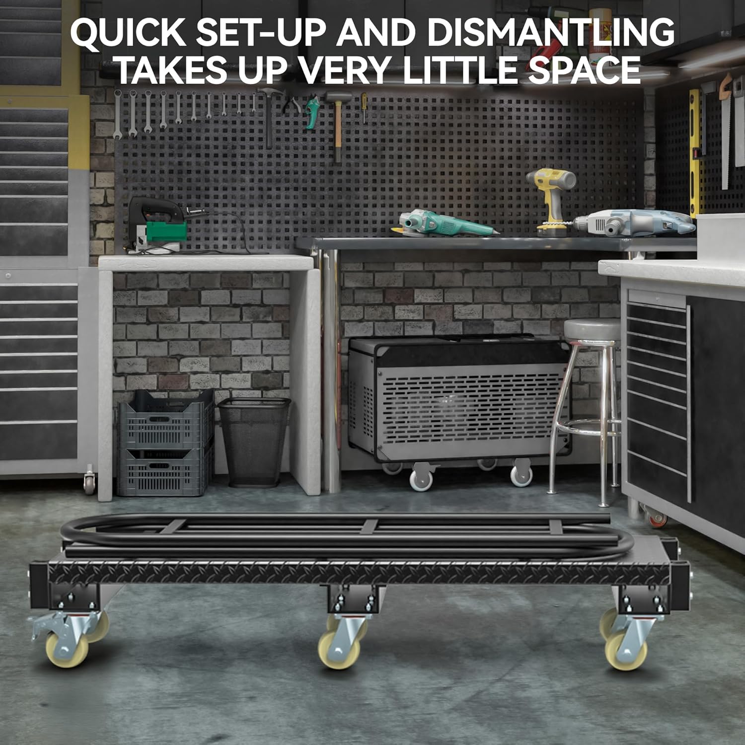 Side view of YITAMOTOR Heavy-Duty Narrow Aisle U-Boat Platform Truck, 2000 lb Capacity, 60.2"x15.7" Steel Deck