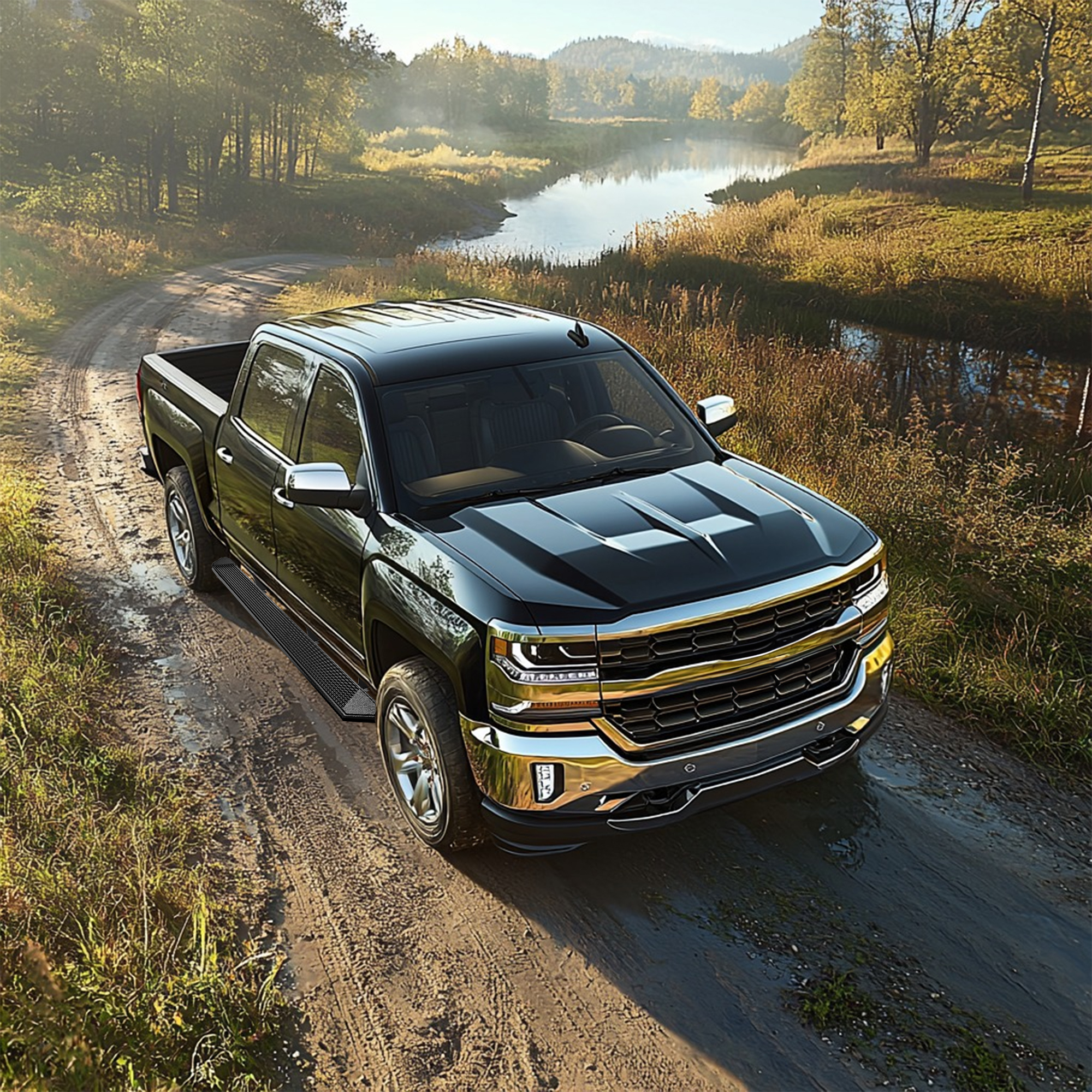 Side view of YITAMOTOR 6" Black Running Boards for 2007-2018 Chevy Silverado 1500 & GMC Sierra 1500/2500HD/3500HD Crew Cab | Nerf Bars