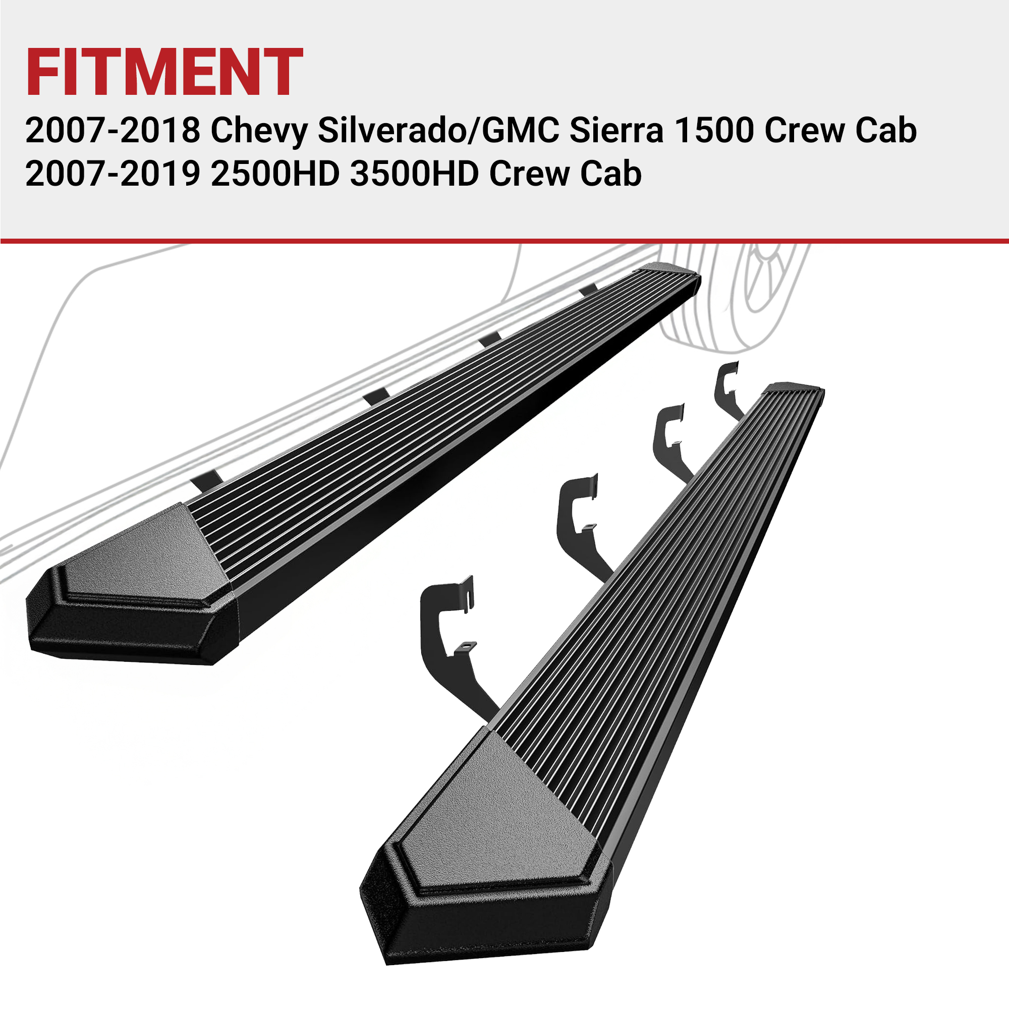 Side view of YITAMOTOR 6" Black Running Boards for 2007-2018 Chevy Silverado 1500 & GMC Sierra 1500/2500HD/3500HD Crew Cab | Nerf Bars