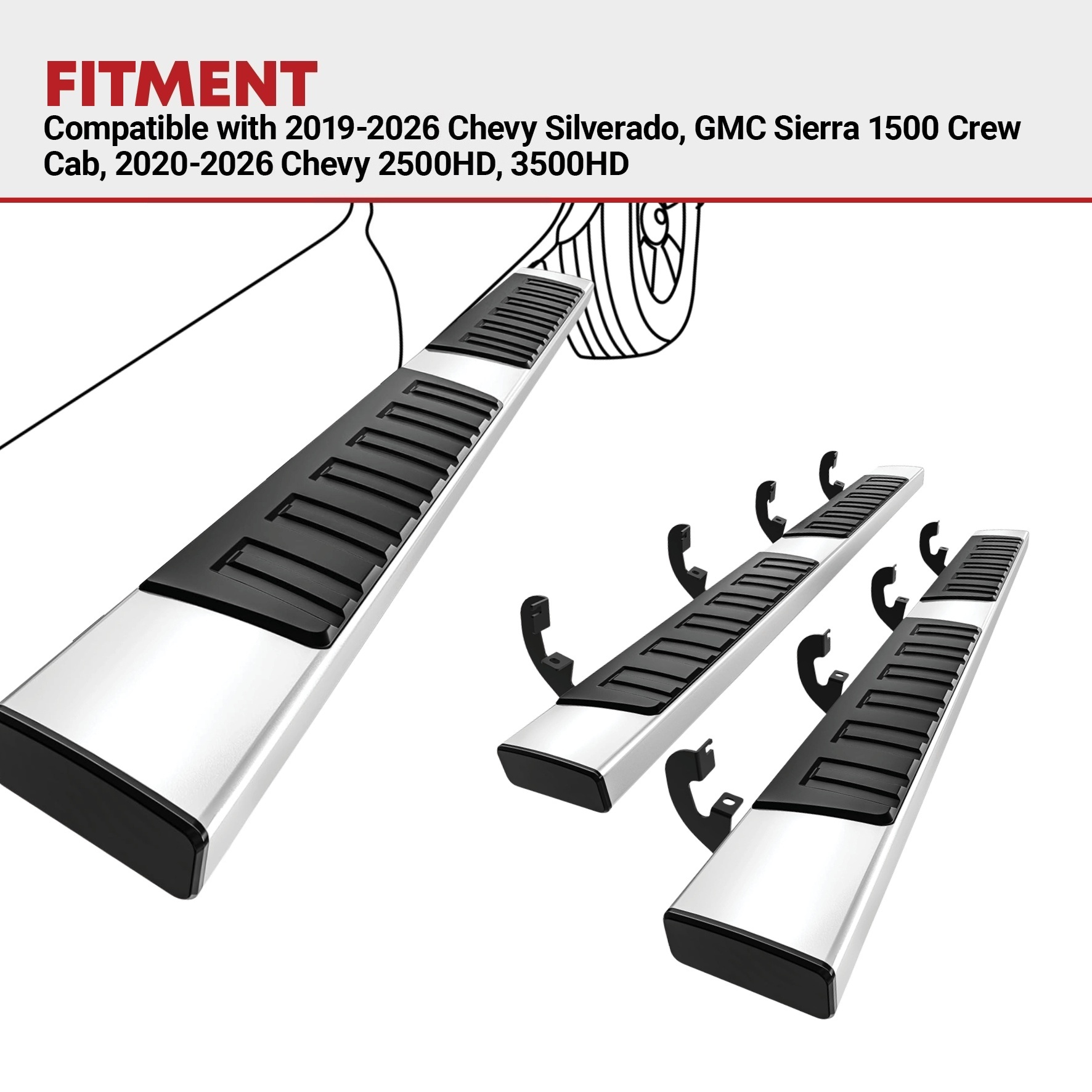 Side view of YITAMOTOR 6.5" Stainless Steel Running Boards for 2019-2026 Chevy Silverado & GMC Sierra 1500, 2500HD, 3500HD Crew Cab