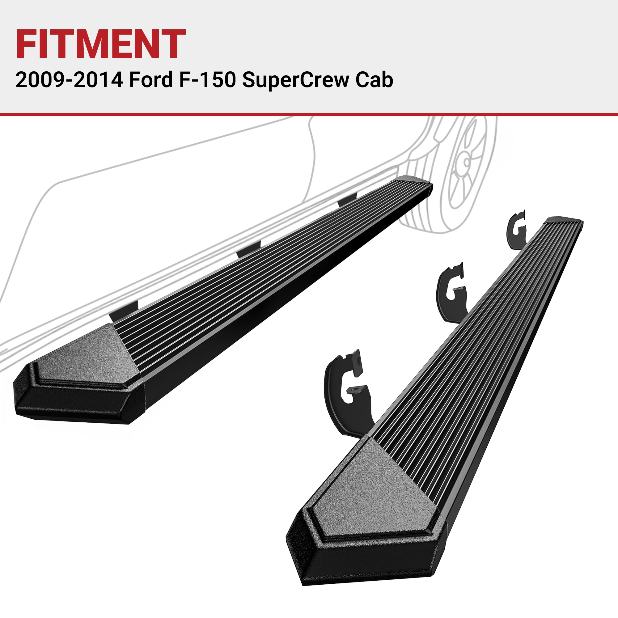 Side view of YITAMOTOR Black Running Boards for 2009-2014 Ford F-150 SuperCrew Cab | Side Steps Nerf Bars