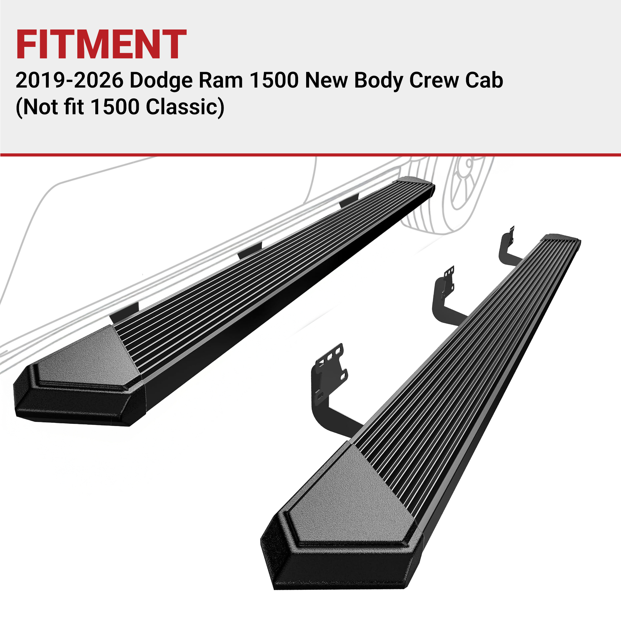Side view of YITAMOTOR Black Running Boards for 2019-2026 Ram 1500 New Body Crew Cab (Excludes Classic) | Side Steps Nerf Bars