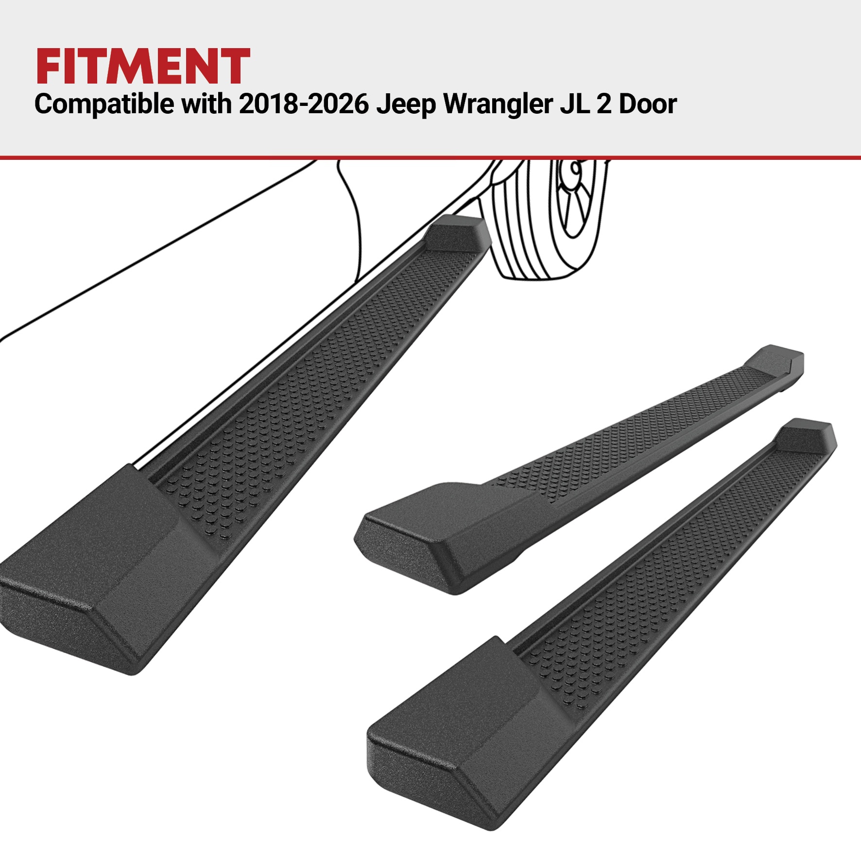 Side view of YITAMOTOR® 2018-2026 Jeep Wrangler JL 2 Door Black Molded Running Boards, Side Step Nerf Bar OE Style