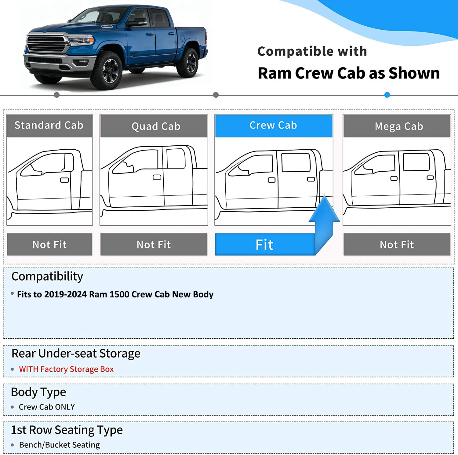 Side view of OEDRO Floor Mats for 2019-2024 Dodge Ram 1500 New Body Crew Cab (NOT for Classic Models), Front Row Bucket Seats, with Under Seat Storage Box
