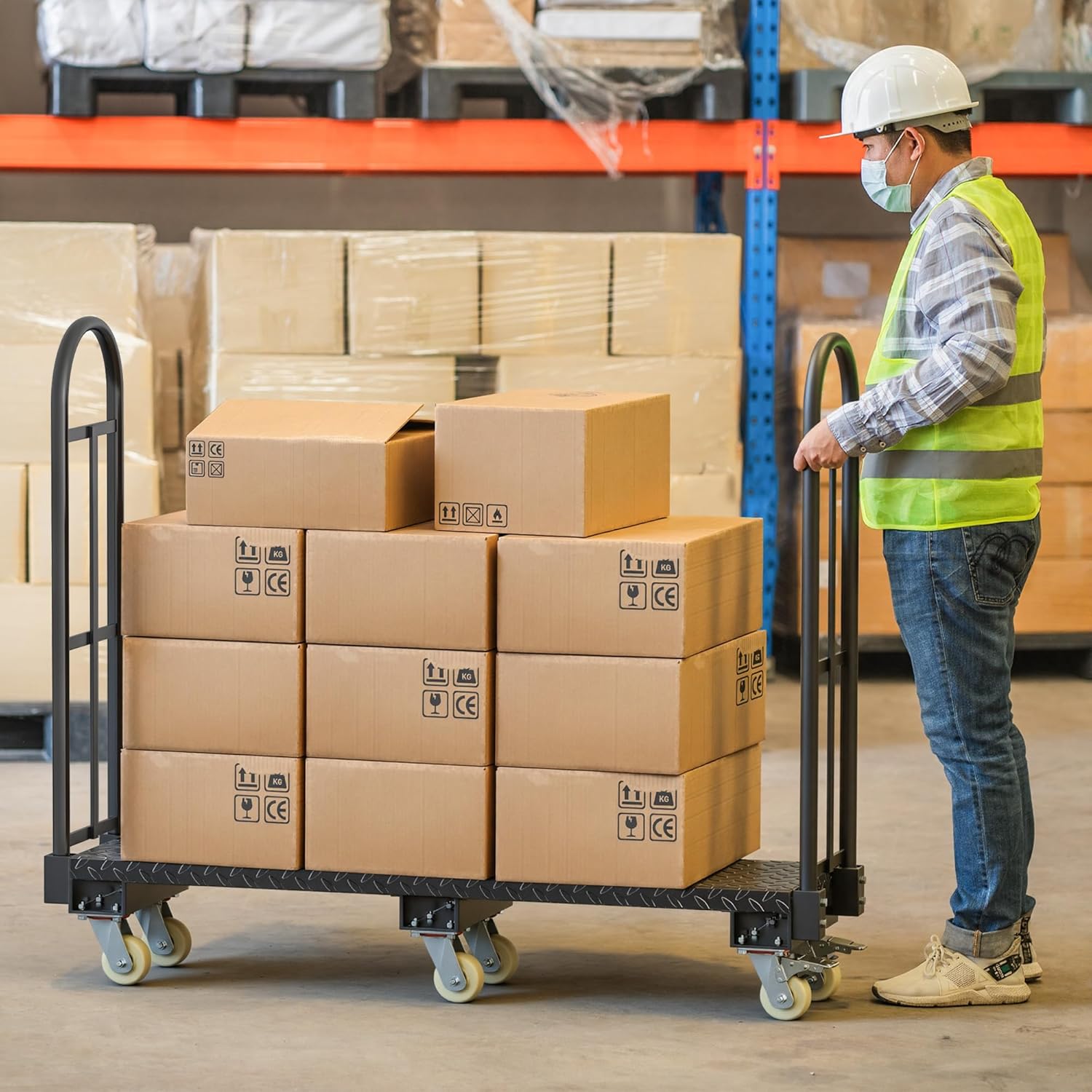 Side view of YITAMOTOR Heavy-Duty Narrow Aisle U-Boat Platform Truck, 2000 lb Capacity, 60.2"x15.7" Steel Deck