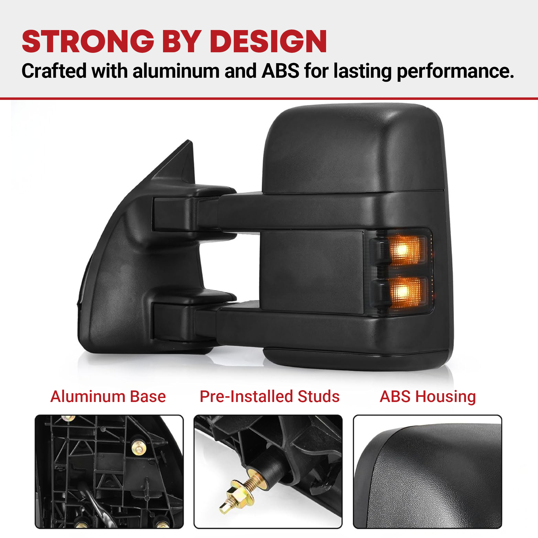 Side view of YITAMOTOR Power Heated Towing Mirror for 2008-2016 Ford F250 F350 F450 F550 – Driver Side, Smoke Lens, LED Signal