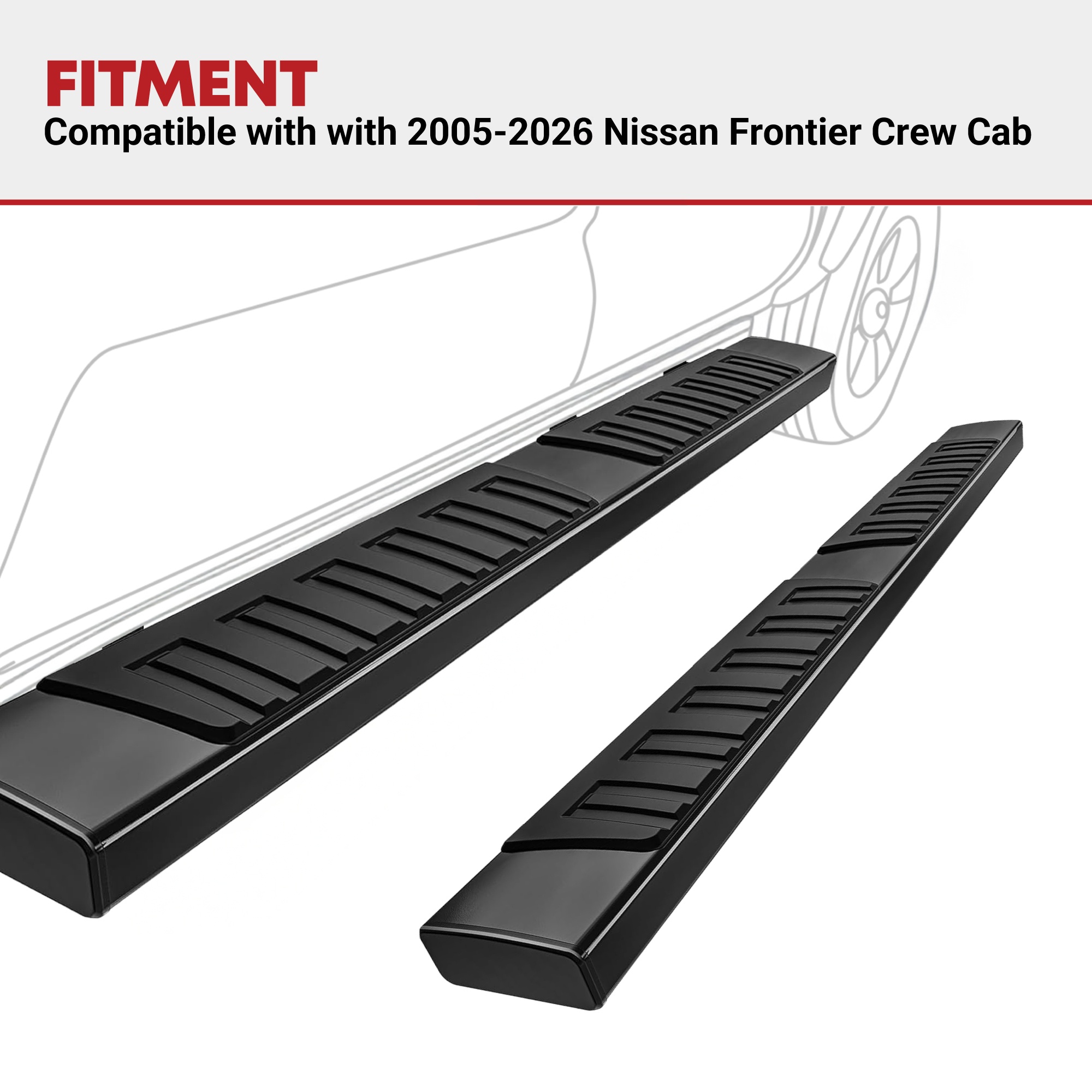Side view of YITAMOTOR® 6 Inches Running Boards For 2005-2026 Nissan Frontier Crew Cab Only, Aluminum Black Side Steps Nerf Bars