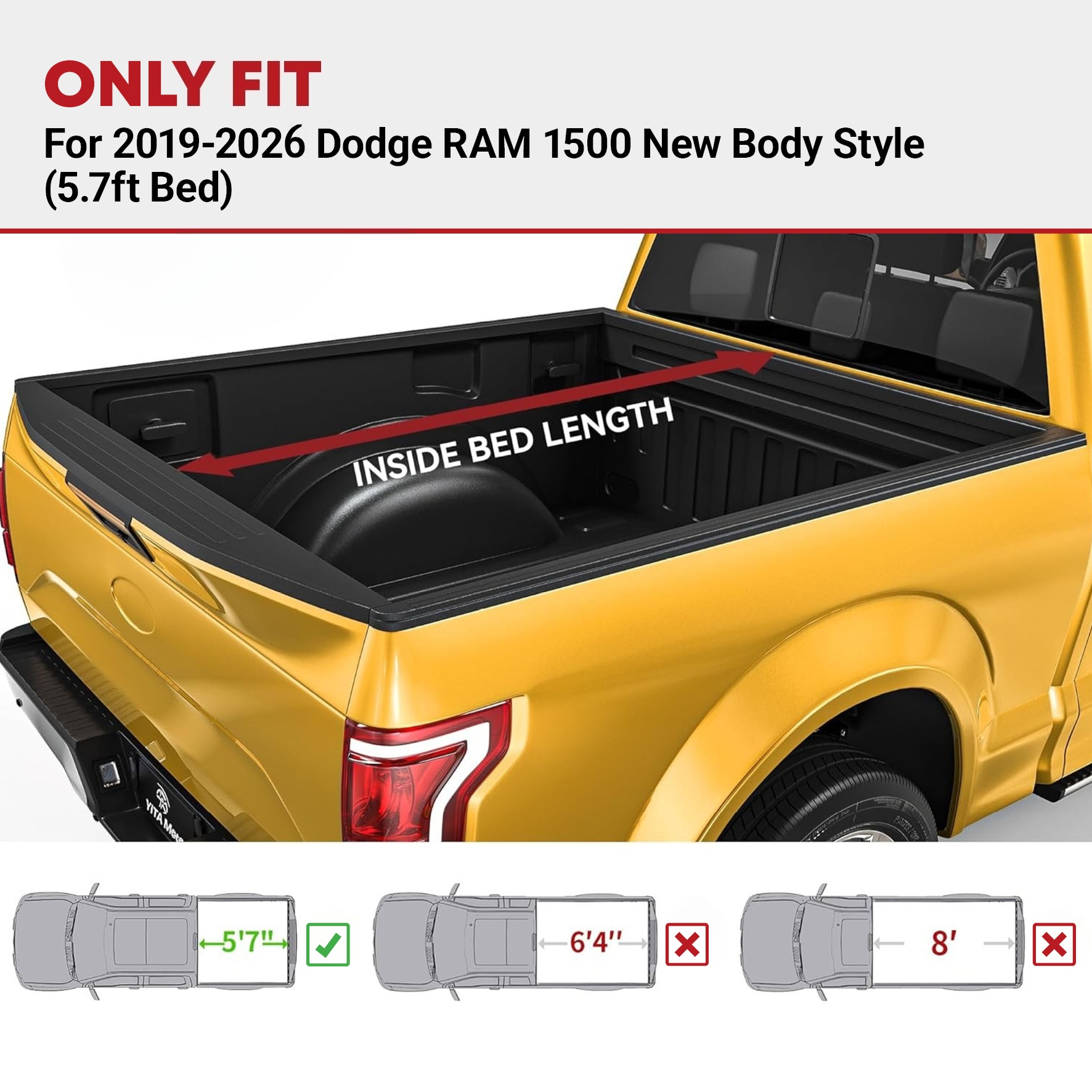 Side view of YITAMOTOR® Soft Roll Up Truck Bed Tonneau Cover Compatible with 2019-2026 Dodge Ram 1500 New Body Style 5.7 ft Bed Without Rambox