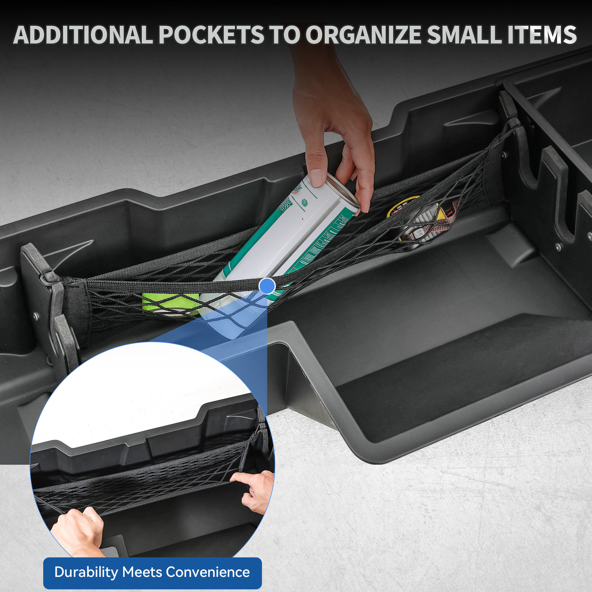 Side view of OEDRO Under Seat Storage fits 2019-2026 Dodge Ram 1500 Crew Cab New Body Style (Not for Classic), Upgraded Rear Underseat Storage Truck Organizer