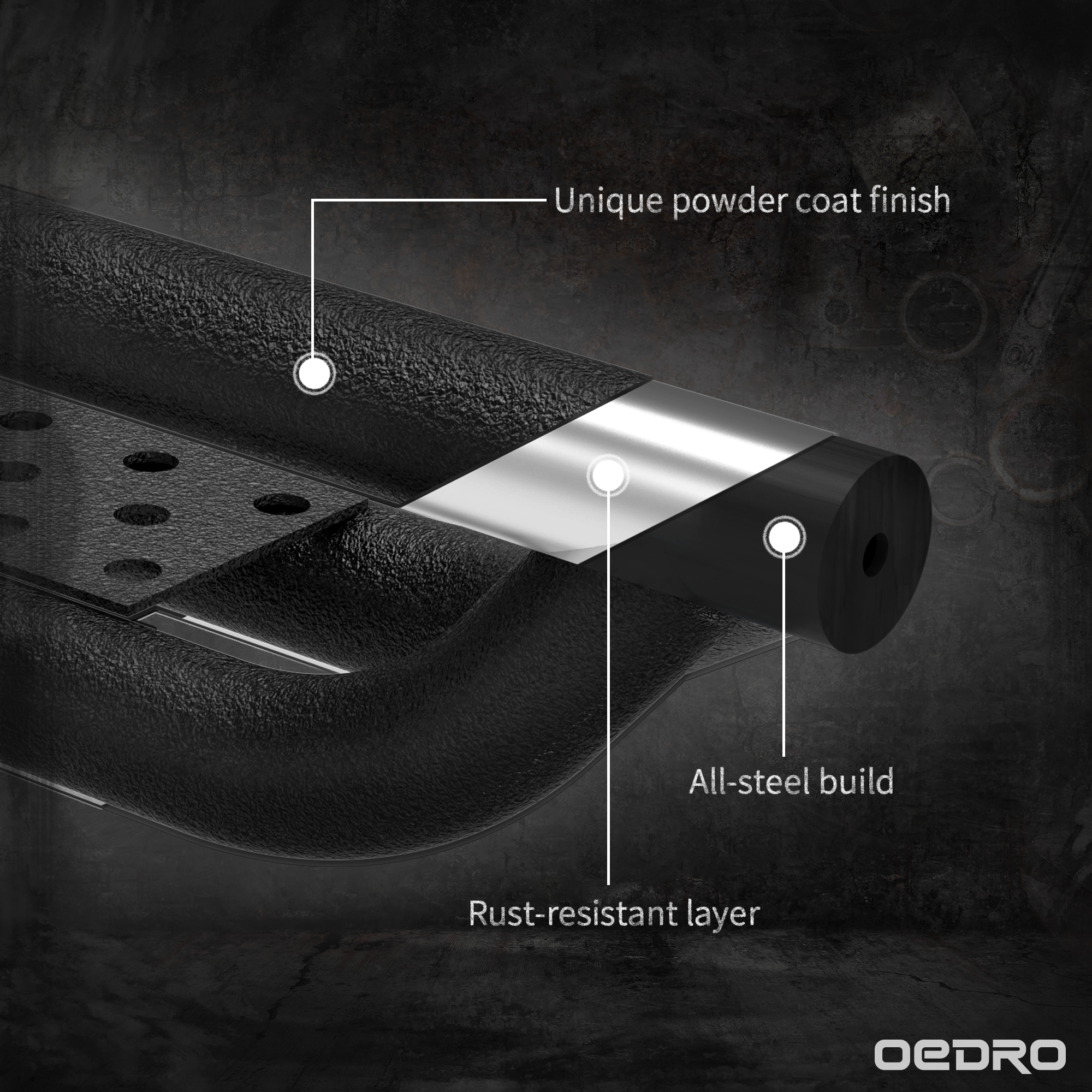 Side view of oEdRo Running Boards Compatible with 2025-2026 Toyota 4Runner, Two Stair Design Side Step Rails, Powder-Coated Black Bolt-on Carbon Steel Nerf Bars
