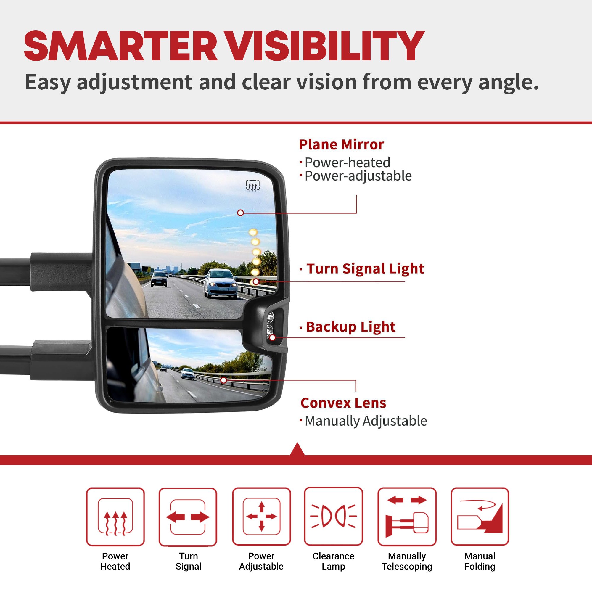 Side view of YITAMOTOR Towing Mirrors - 2014-2018 Silverado/Sierra 1500-3500 HD | Power Heated, LED Switchback, Manual Fold