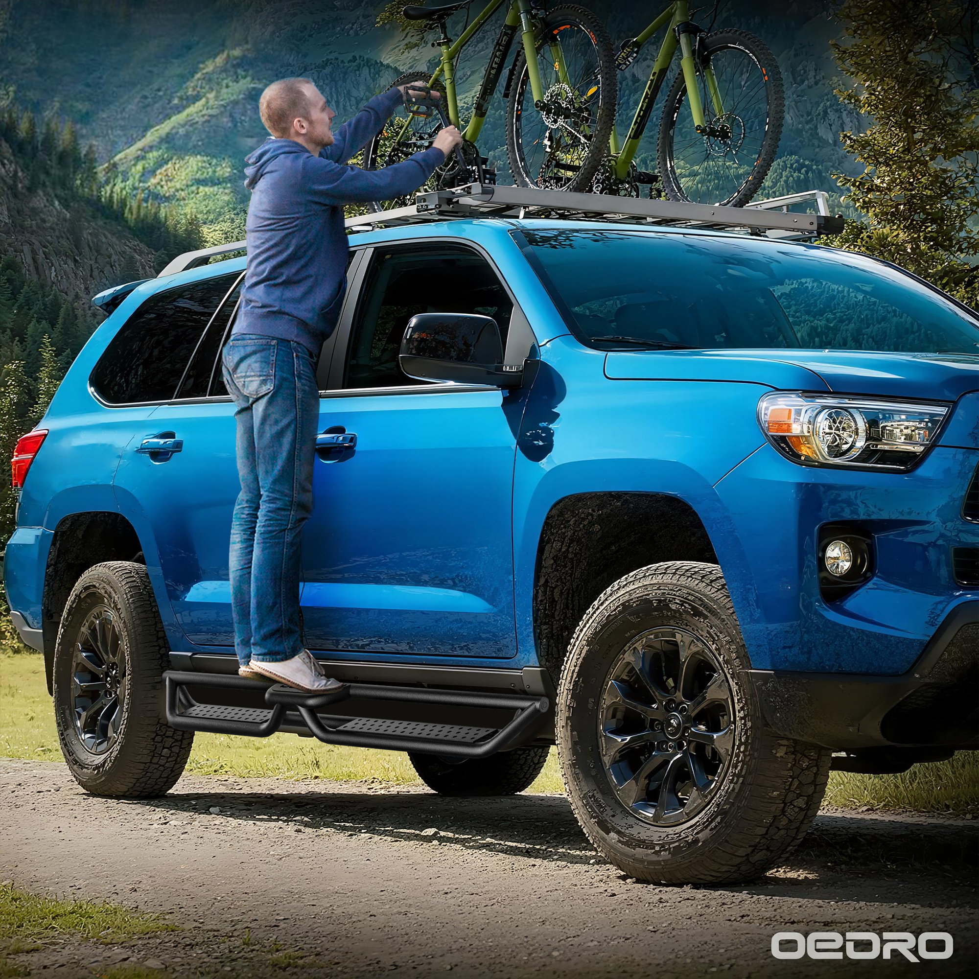 Side view of oEdRo Running Boards Compatible with 2025-2026 Toyota 4Runner, Two Stair Design Side Step Rails, Powder-Coated Black Bolt-on Carbon Steel Nerf Bars
