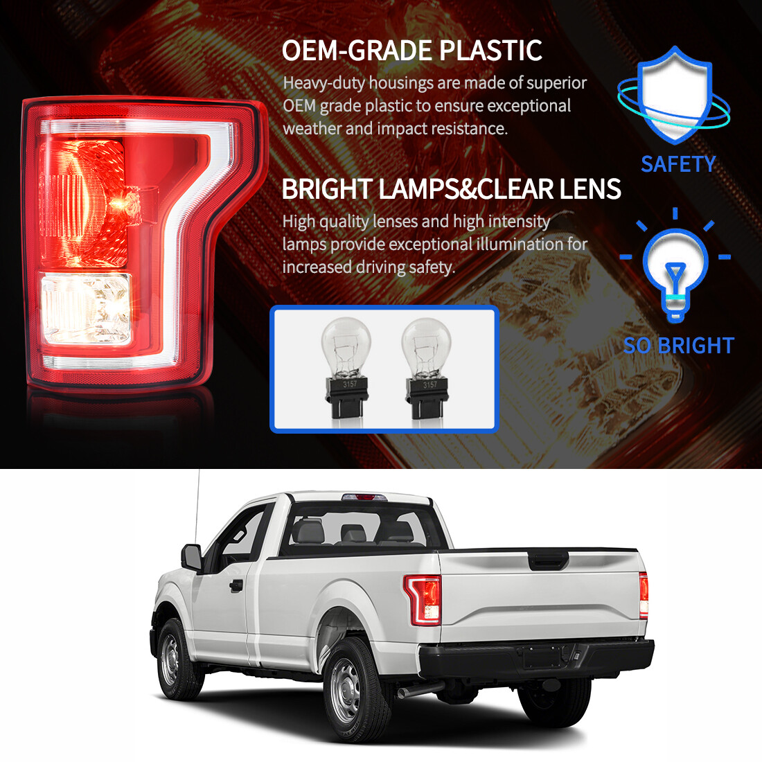 Side view of YITAMOTOR® Halogen 2015-2017 Ford F-150 Tail Lights Assembly Red Clear Sold in Pairs
