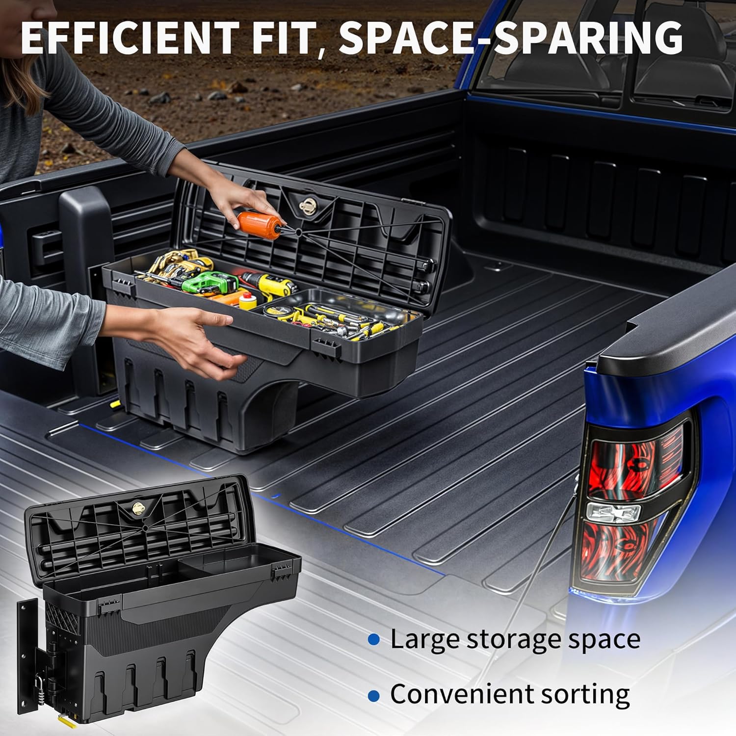 Side view of OEDRO Truck Bed Storage Tool Box Fits 2015-2026 Ford F150 Driver Side, 180 Degree Rotation Rear Tool Boxs with Lockable Lid & Password Padlock, Black