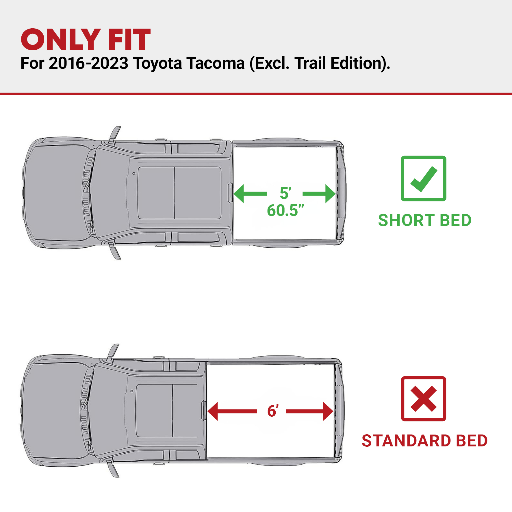 Side view of YITAMOTOR Low-Profile Hard Tri-Fold Tonneau Cover for 2016-2023 Toyota Tacoma 5-Ft Bed | (Excludes Trail Edition)