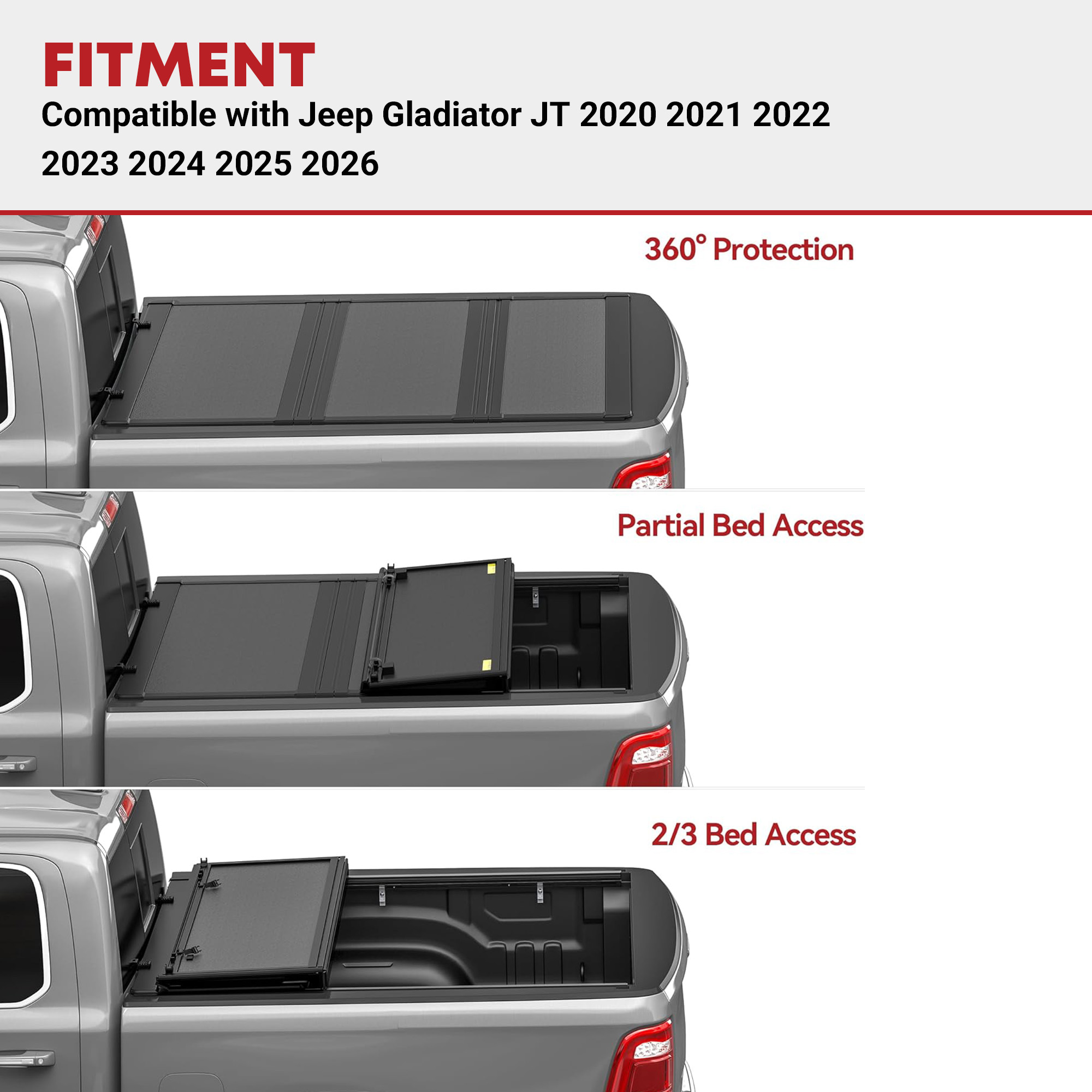 Side view of YITAMOTOR Low-Profile Hard Tri-Fold Tonneau Cover for 2020-2026 Jeep Gladiator JT 5ft Bed w/ Trail Rail System