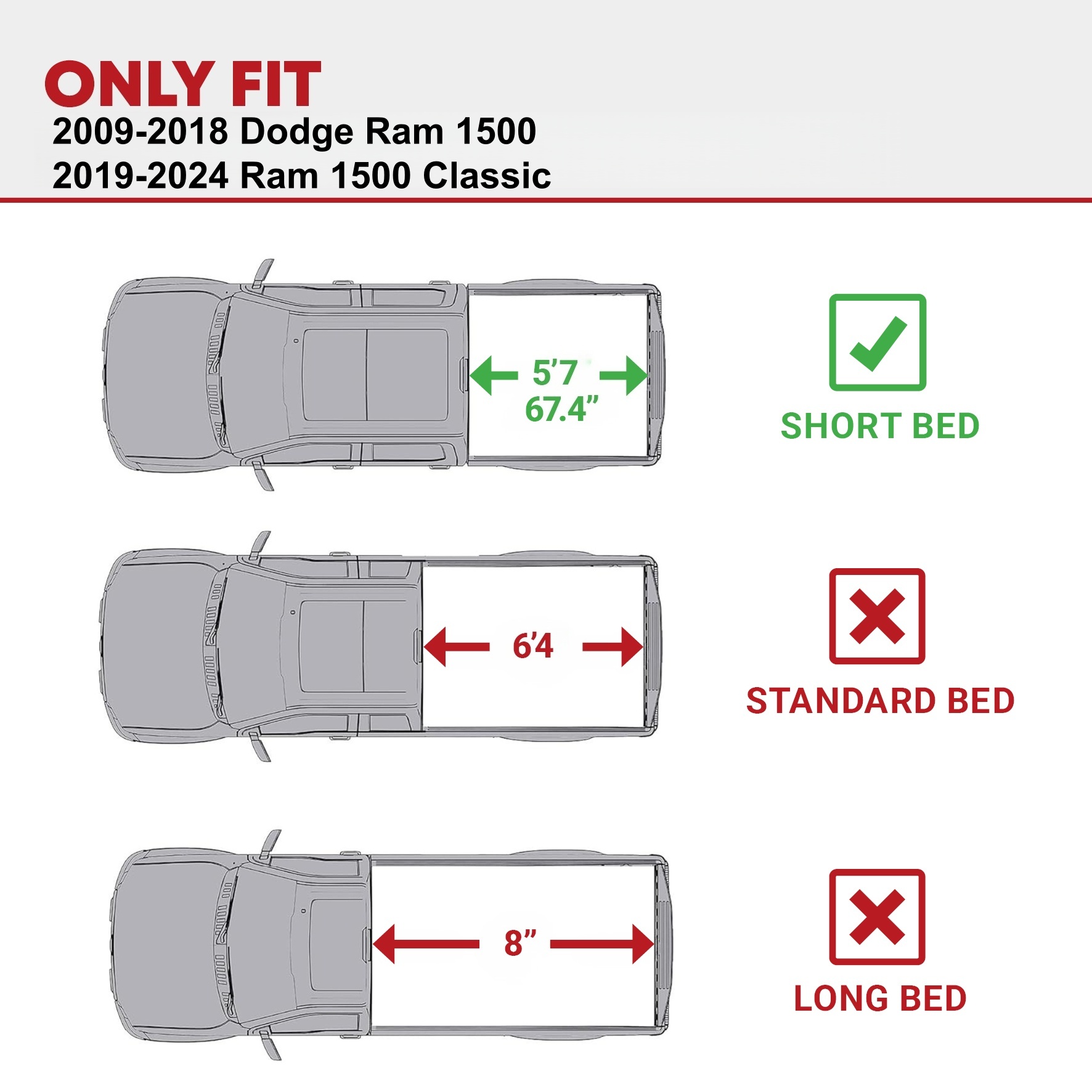 Side view of YITAMOTOR Low-Profile Quad-Fold Hard Tonneau Cover for 2009-2024 Dodge Ram 1500 (Inc. Classic) 5.7' Bed, No Rambox