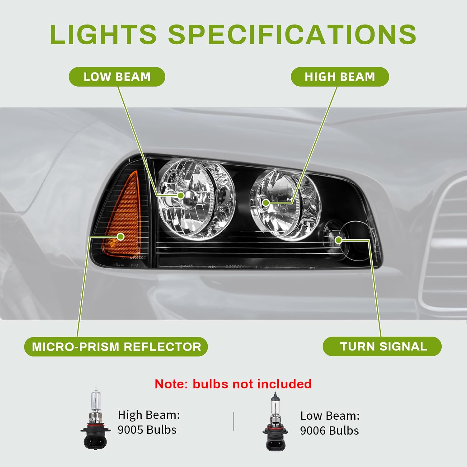 Side view of YITAMOTOR Headlight Assembly for 2006-2010 Dodge Charger | Black Housing, Amber Reflector, with Corner Signal Lights