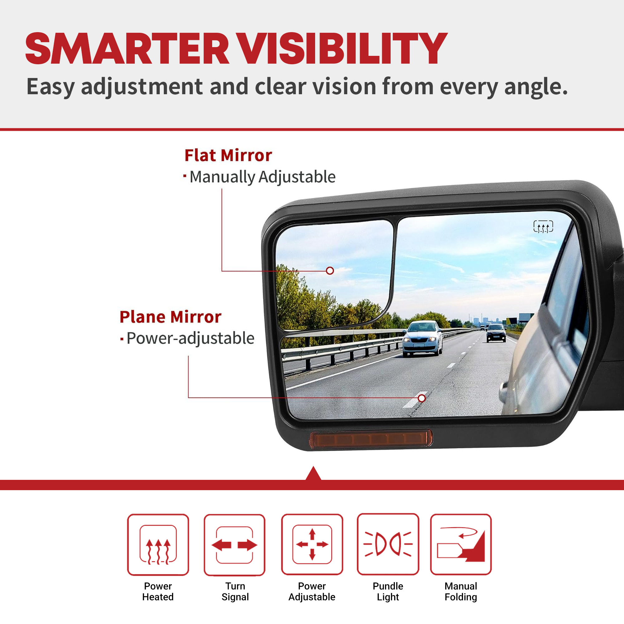 Side view of YITAMOTOR Power Heated Towing Mirrors for Ford F150 | Dual LED Signal & Puddle Light