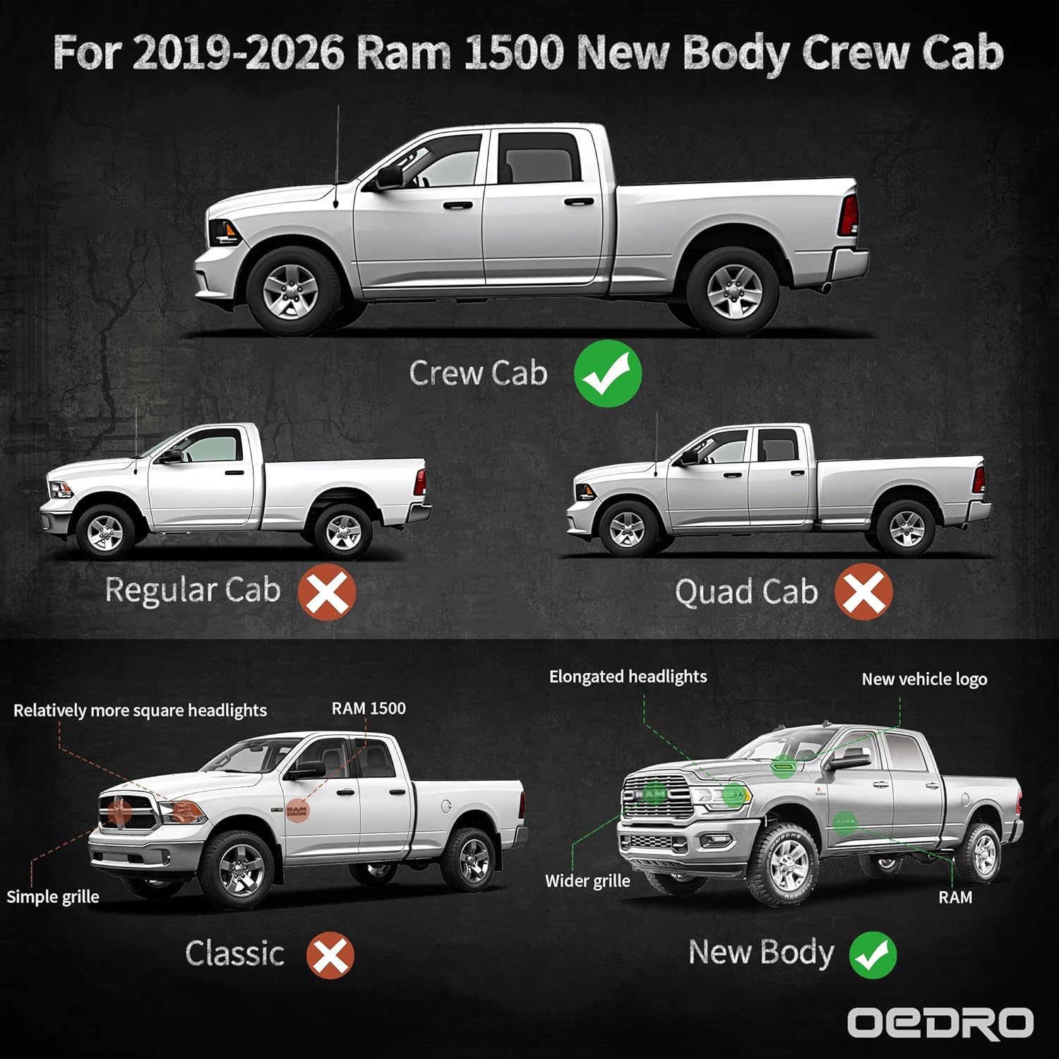 Side view of OEDRO Running Boards Compatible with 2019-2026 Dodge RAM 1500 New Body Crew Cab - Steel Drop Side Steps - Bolt-On Nerf Bars with Two-Stairs Steps