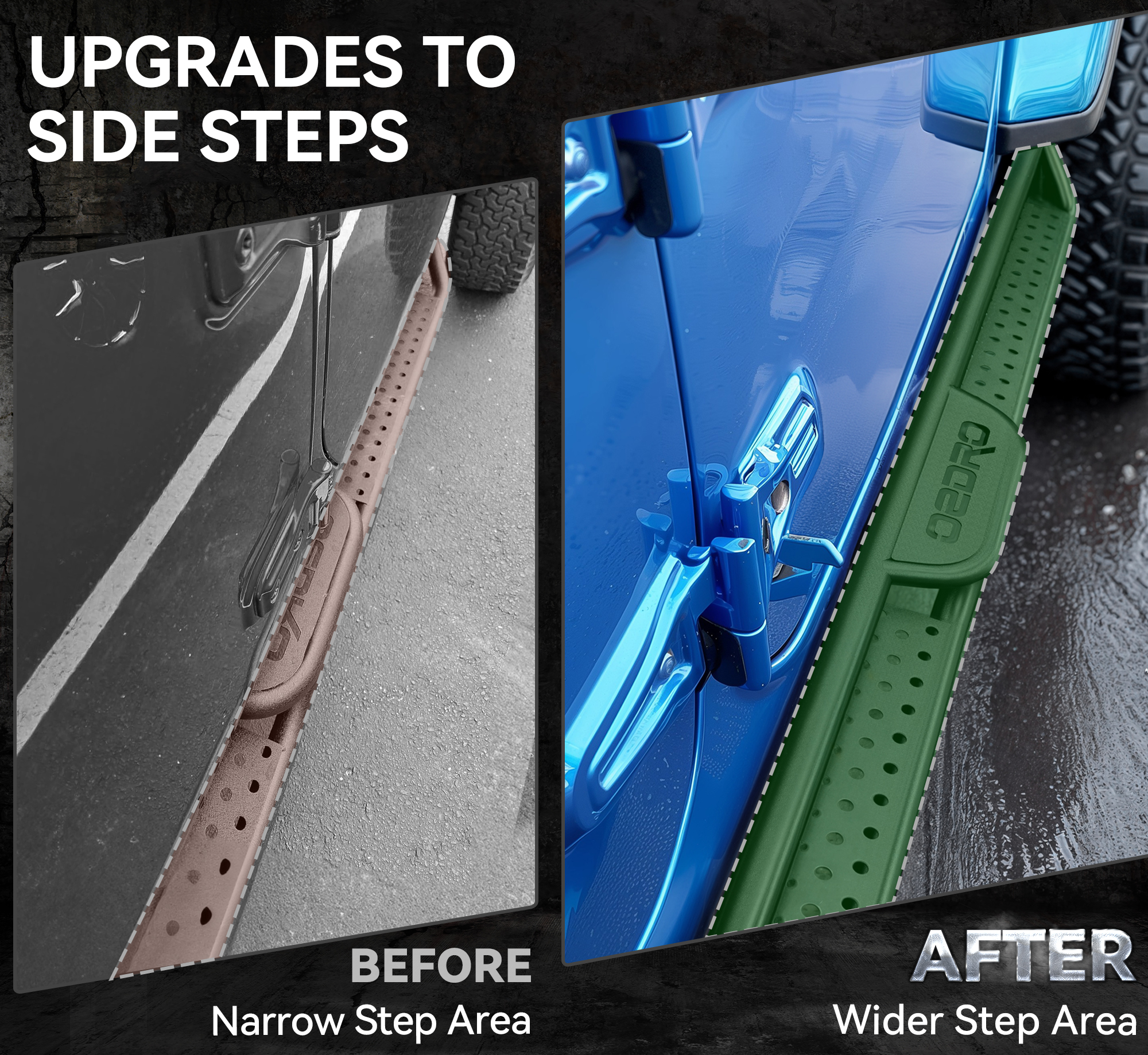 Side view of oEdRo Running Boards Compatible with 2025-2026 Toyota 4Runner, Two Stair Design Side Step Rails, Powder-Coated Black Bolt-on Carbon Steel Nerf Bars