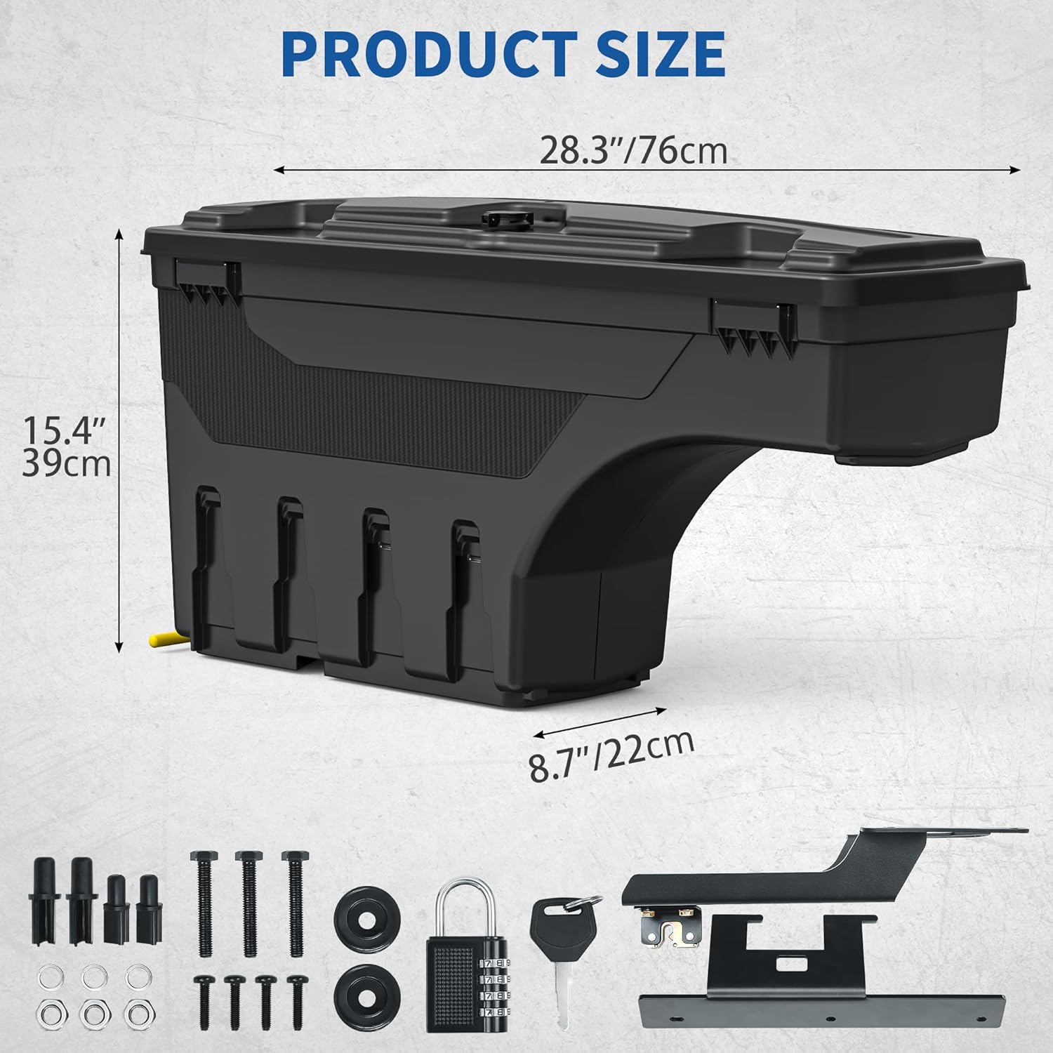 Side view of OEDRO Truck Bed Storage Tool Box Fits 2015-2026 Ford F150 Driver Side, 180 Degree Rotation Rear Tool Boxs with Lockable Lid & Password Padlock, Black