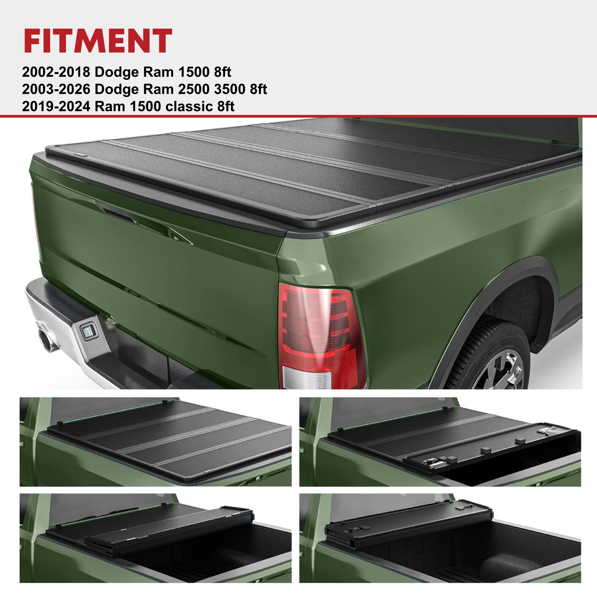 Side view of YITAMOTOR Quad Fold Hard Tonneau Cover for Ram 1500 (2002-2018 & 2019-2024 Classic) | Ram 2500/3500 (2003-2026) – 8ft Bed w/o Rambox