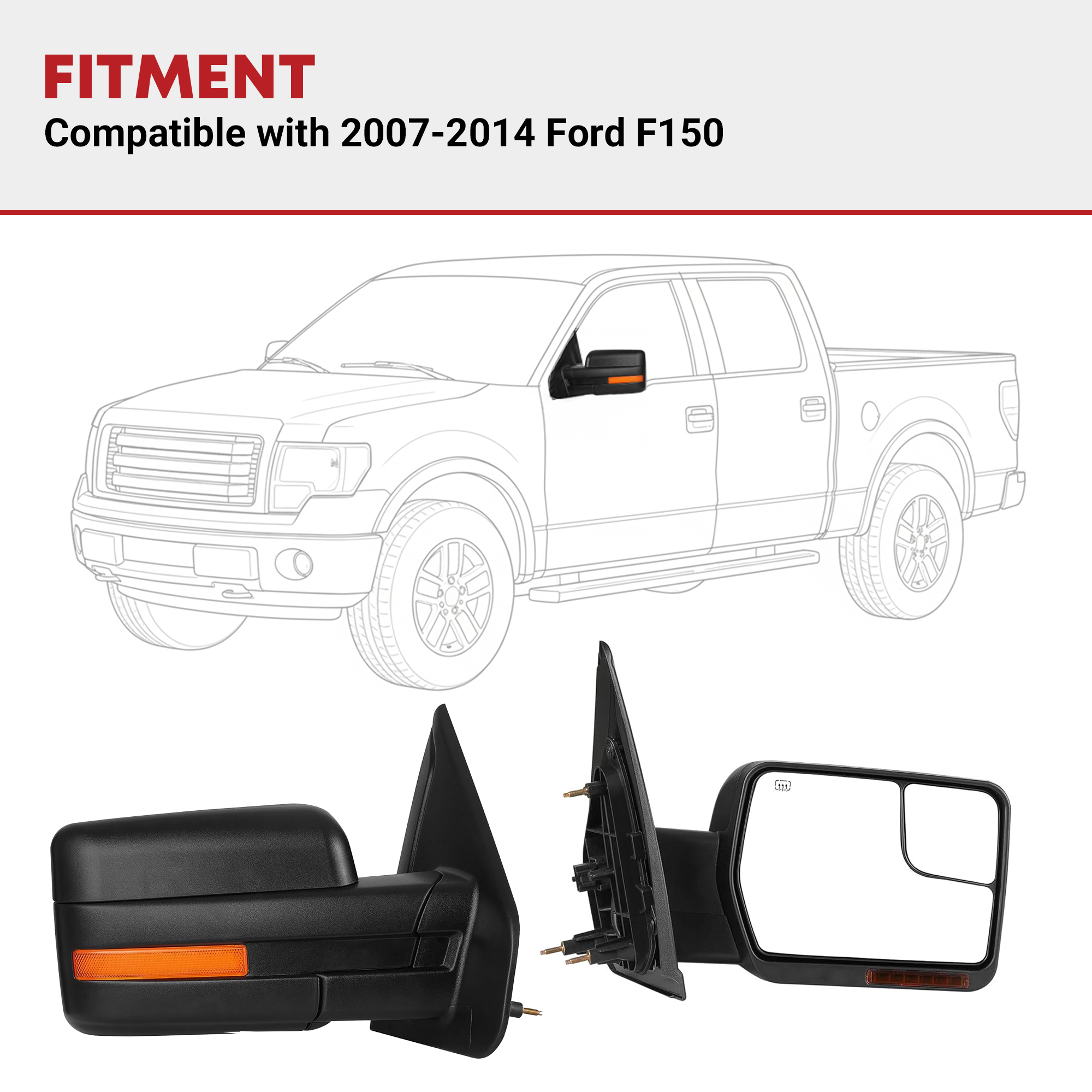 Side view of YITAMOTOR Power Heated Towing Mirrors for Ford F150 | Dual LED Signal & Puddle Light