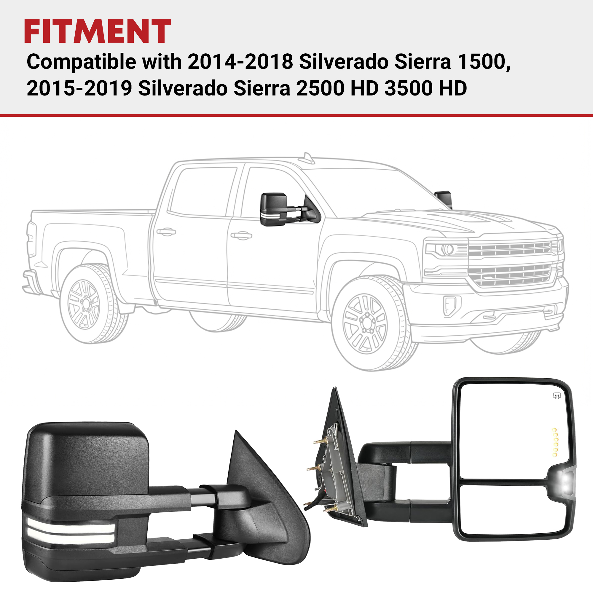 Side view of YITAMOTOR Towing Mirrors - 2014-2018 Silverado/Sierra 1500-3500 HD | Power Heated, LED Switchback, Manual Fold