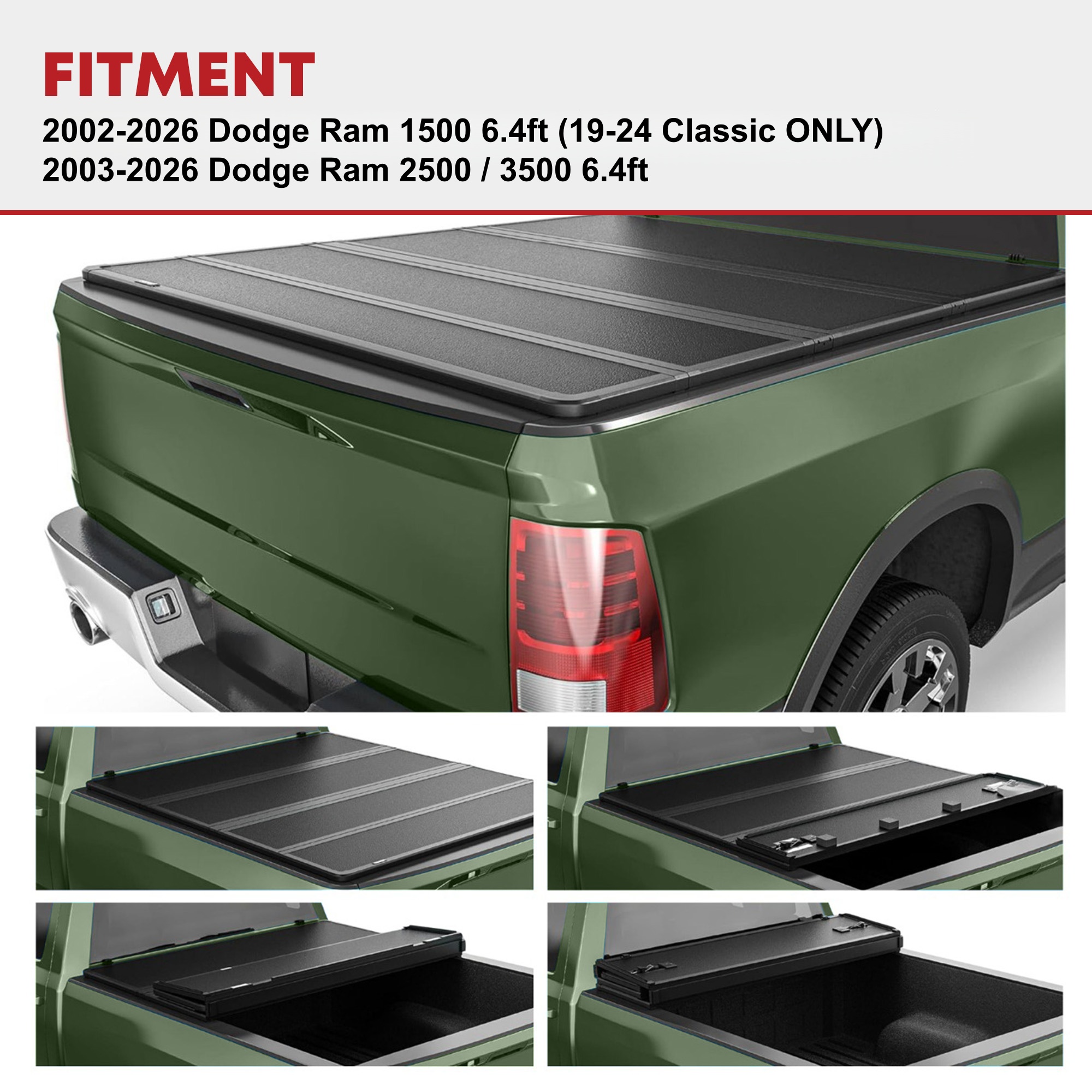 Side view of YITAMOTOR Quad Fold Hard Tonneau Cover for Ram 1500 (2019-2024 Classic) & 2002-2026 New Body | Ram 2500/3500 (2003-2026) – 6.4ft Bed w/o Rambox