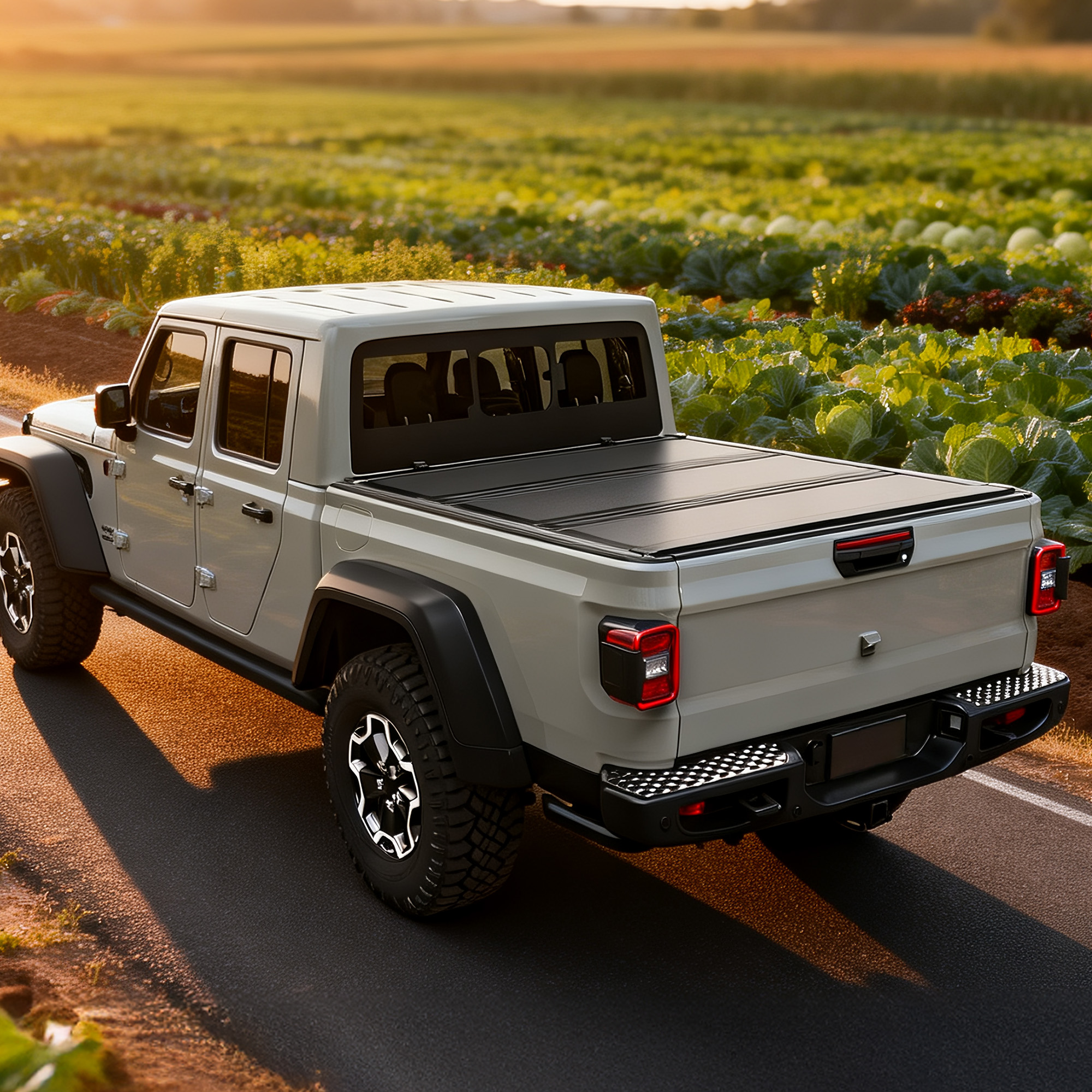 Side view of YITAMOTOR Low-Profile Hard Tri-Fold Tonneau Cover for 2020-2026 Jeep Gladiator JT 5ft Bed w/ Trail Rail System