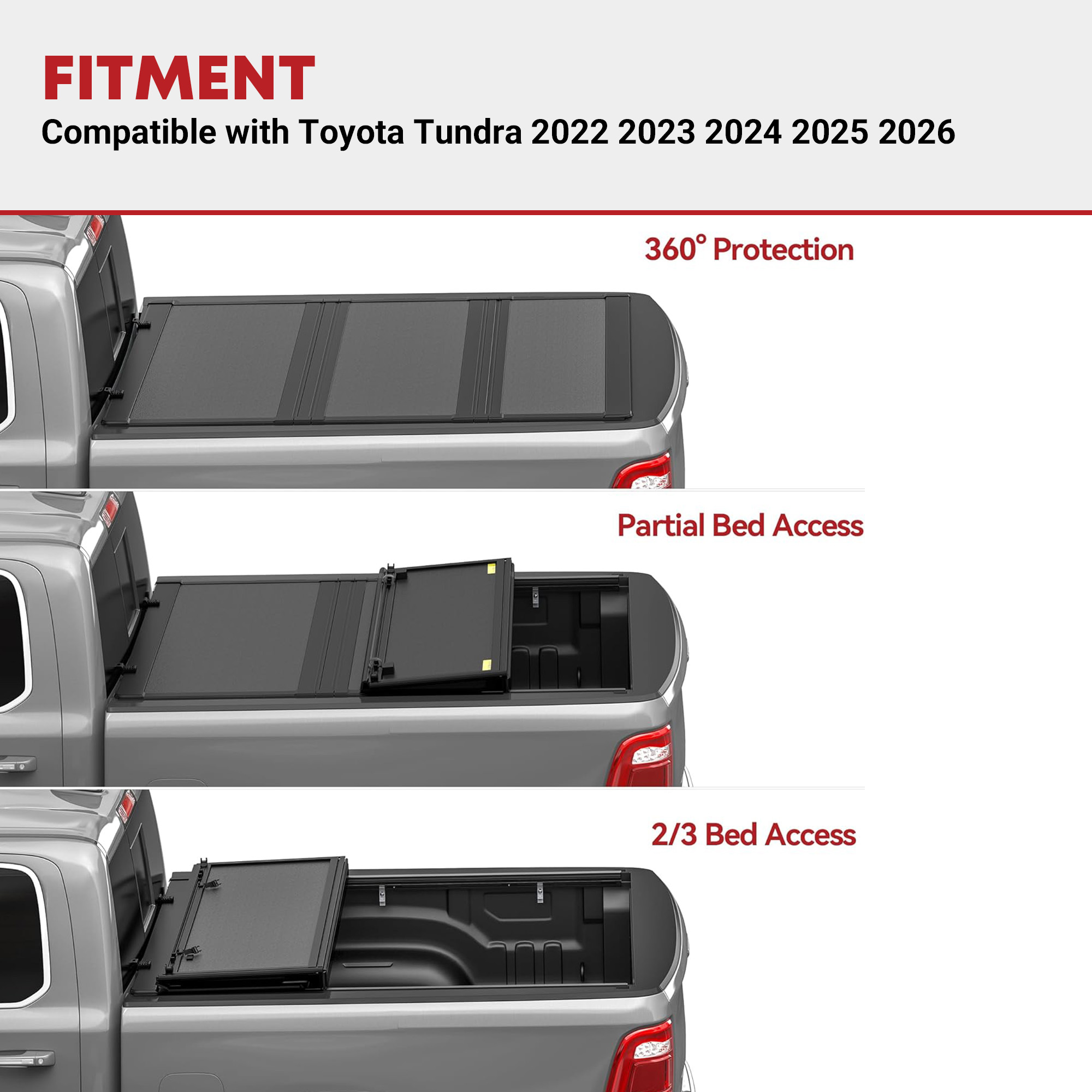 Side view of YITAMOTOR Low-Profile Hard Tri-Fold Tonneau Cover for 2022-2026 Toyota Tundra 5.5ft Bed w/ Deck Rail (Excl. Trail Edition)