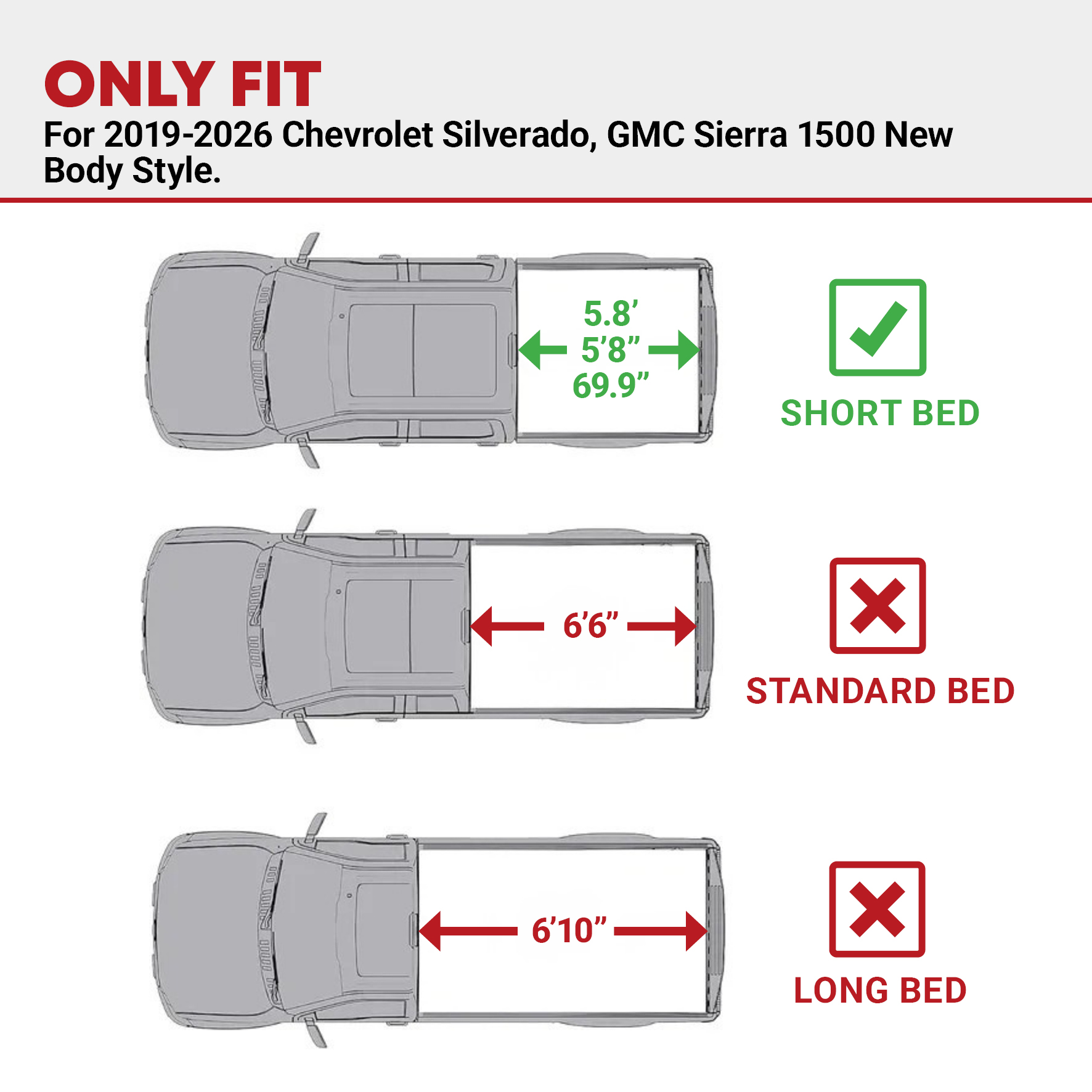 Side view of YITAMOTOR Low-Profile Hard Tri-Fold Tonneau Cover for 2019-2026 Chevy Silverado GMC Sierra 1500 New Body 5.8ft Bed