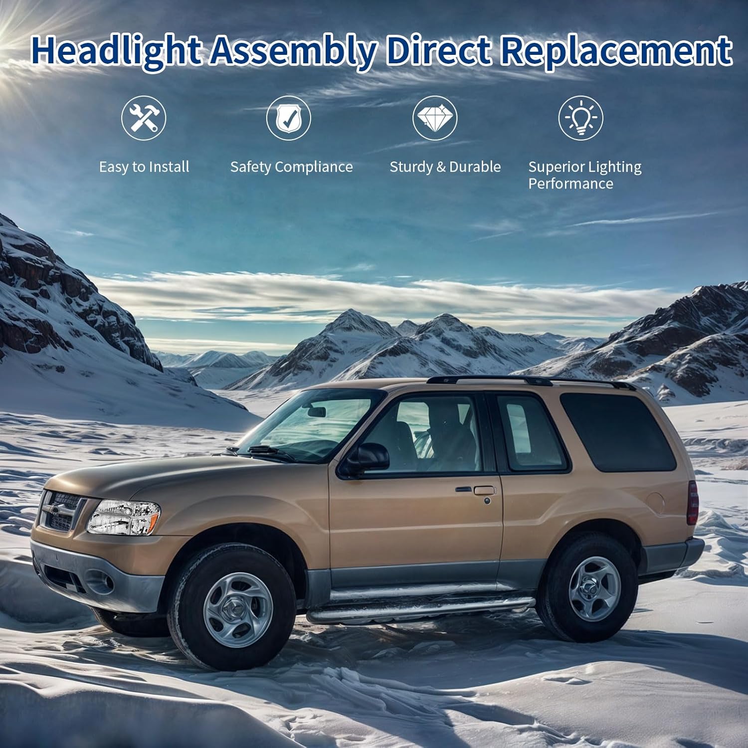 Side view of YITAMOTOR OE Style Headlight Assembly for 1995-2001 Ford Explorer / 1997 Mercury Mountaineer | Chrome Housing, Corner Lights
