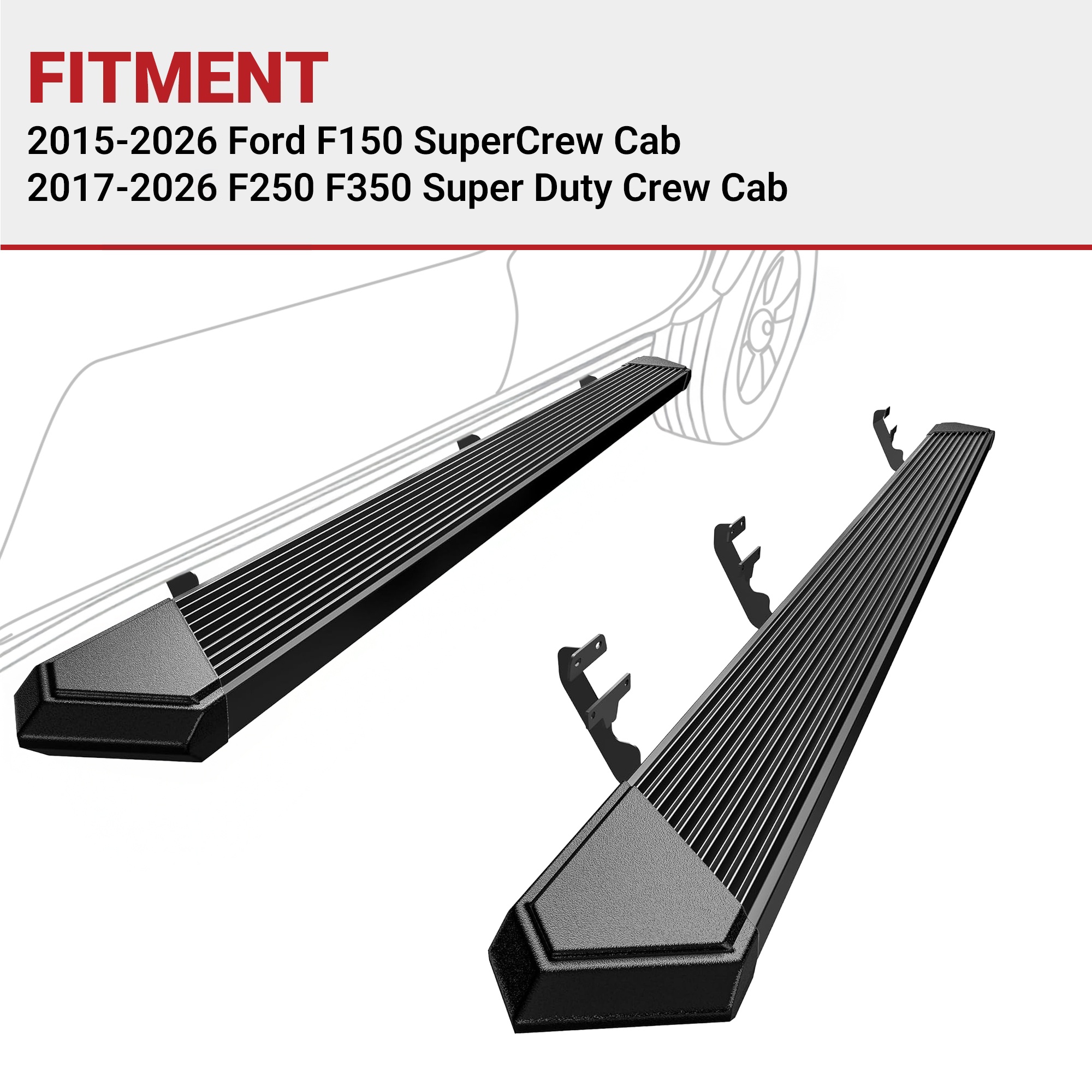 Side view of YITAMOTOR 6.5" Black Running Boards for 2015-2026 Ford F150 & 2017-2026 F250/F350 | Nerf Bars & Side Steps