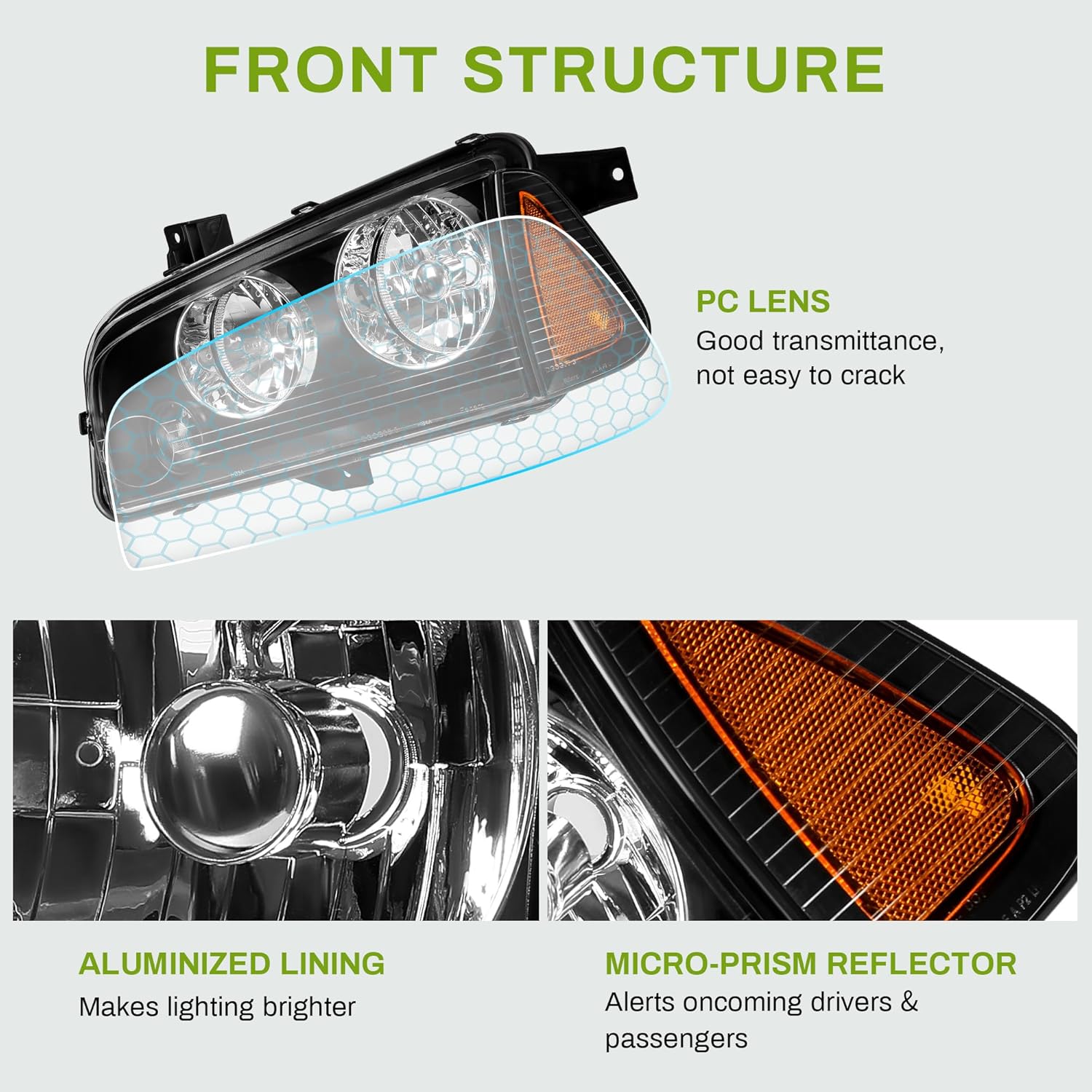 Side view of YITAMOTOR Headlight Assembly for 2006-2010 Dodge Charger | Black Housing, Amber Reflector, with Corner Signal Lights