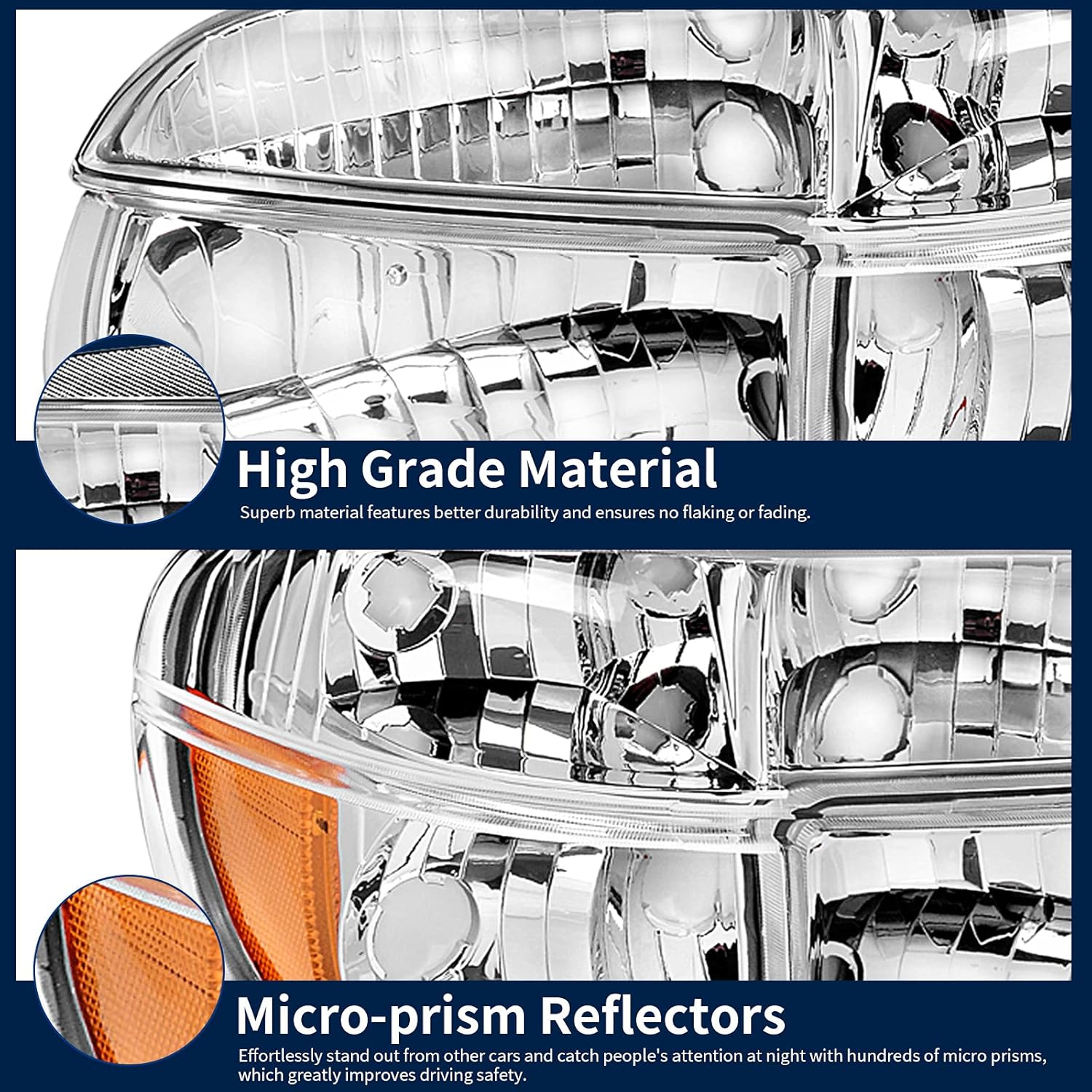Side view of YITAMOTOR OE Style Headlight Assembly for 1995-2001 Ford Explorer / 1997 Mercury Mountaineer | Chrome Housing, Corner Lights