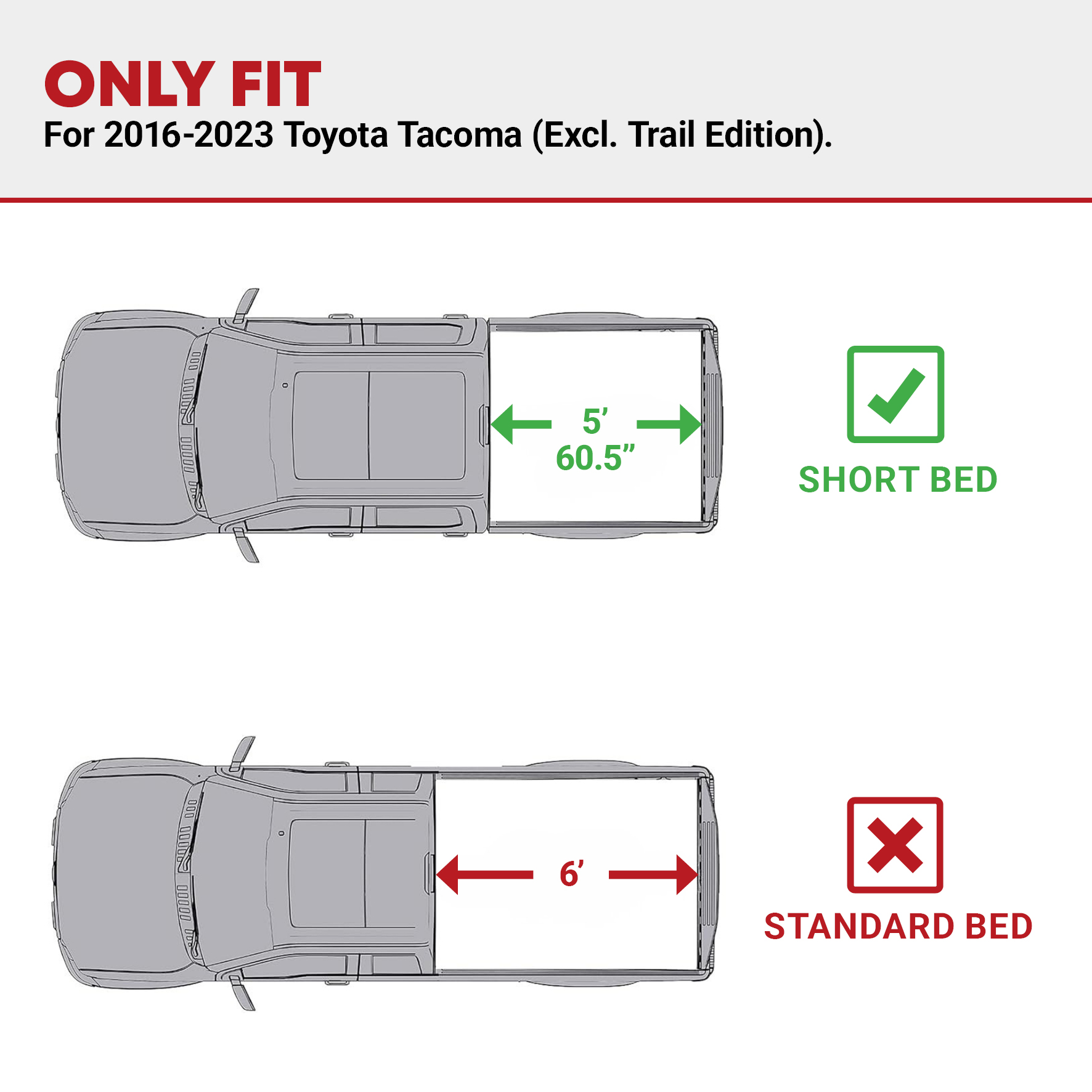 Side view of YITAMOTOR Low-Profile Hard Quad-Fold Tonneau Cover for 2016-2023 Toyota Tacoma 5 ft Bed (Excludes Trail Edition) | Truck Bed Cover