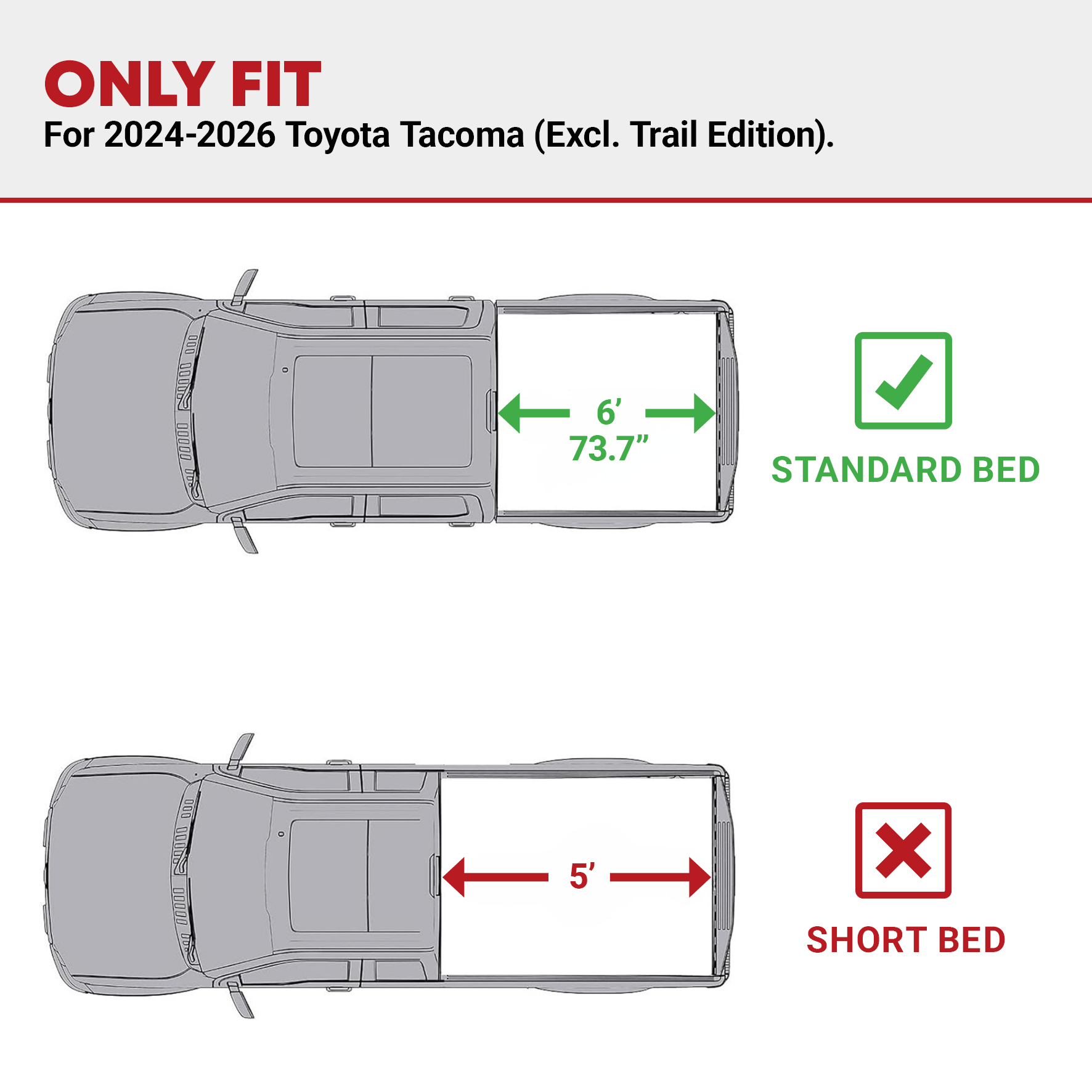 Side view of YITAMOTOR Low-Profile Hard Tri-Fold Tonneau Cover for 2024-2026 Toyota Tacoma 6-Ft Bed | w/ Deck Rail System