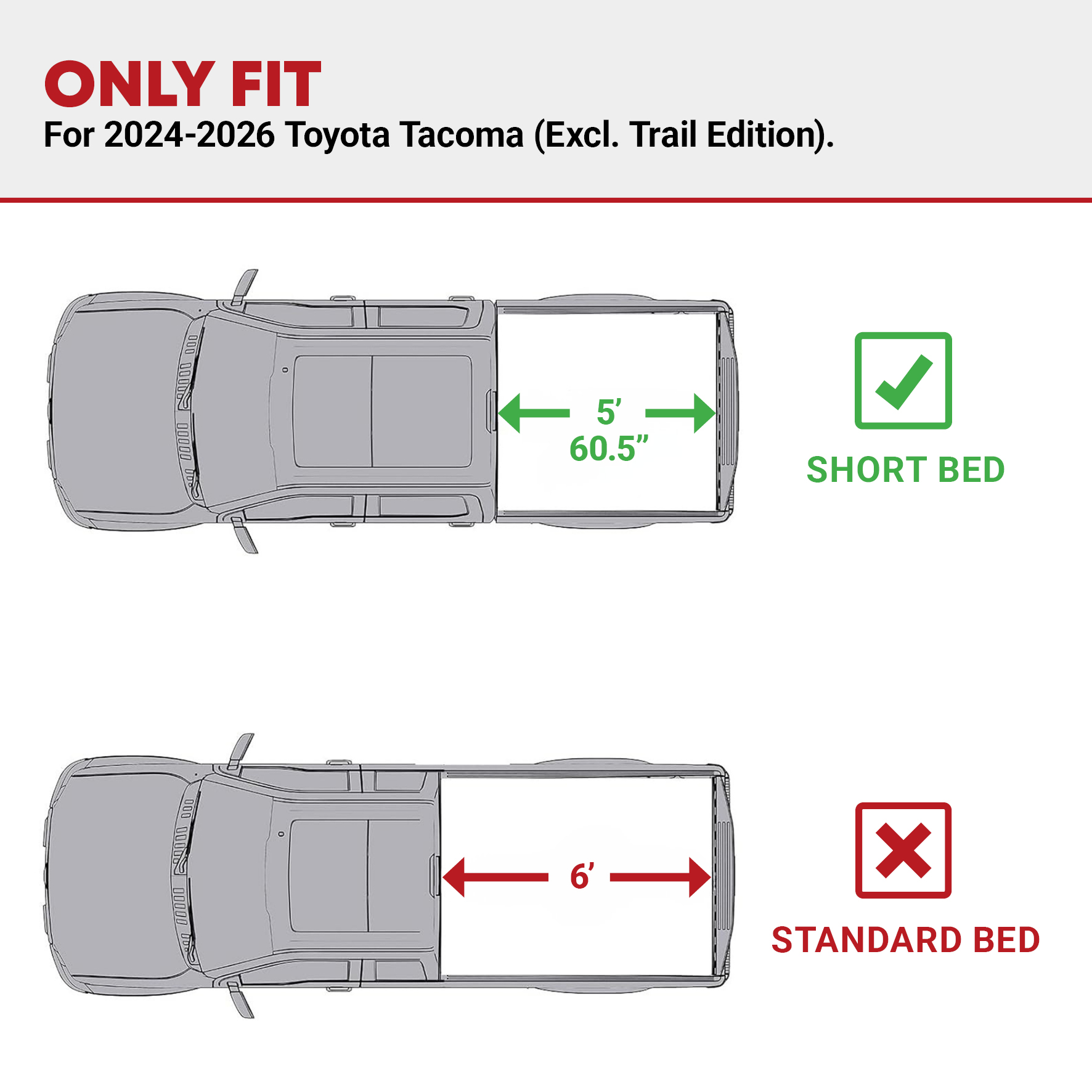 Side view of YITAMOTOR Low-Profile Hard Tri-Fold Tonneau Cover for 2024-2026 Toyota Tacoma 5-Ft Bed | (Excludes Trail Edition)