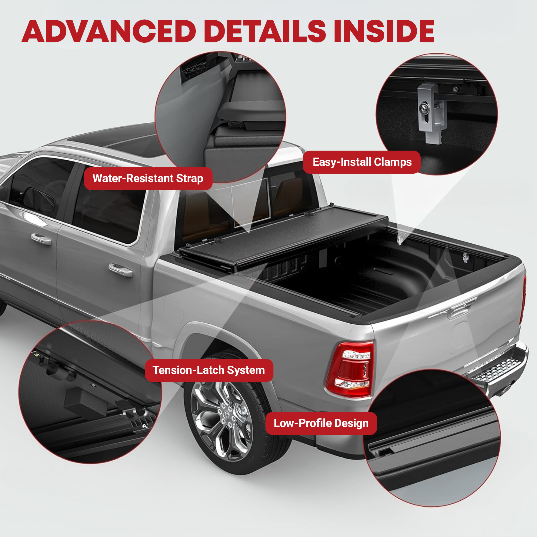 Side view of YITAMOTOR Low-Profile Hard Tri-Fold Tonneau Cover for 2009-2024 Ram 1500 Classic & 2010-2026 Ram 2500/3500 6.4ft Bed