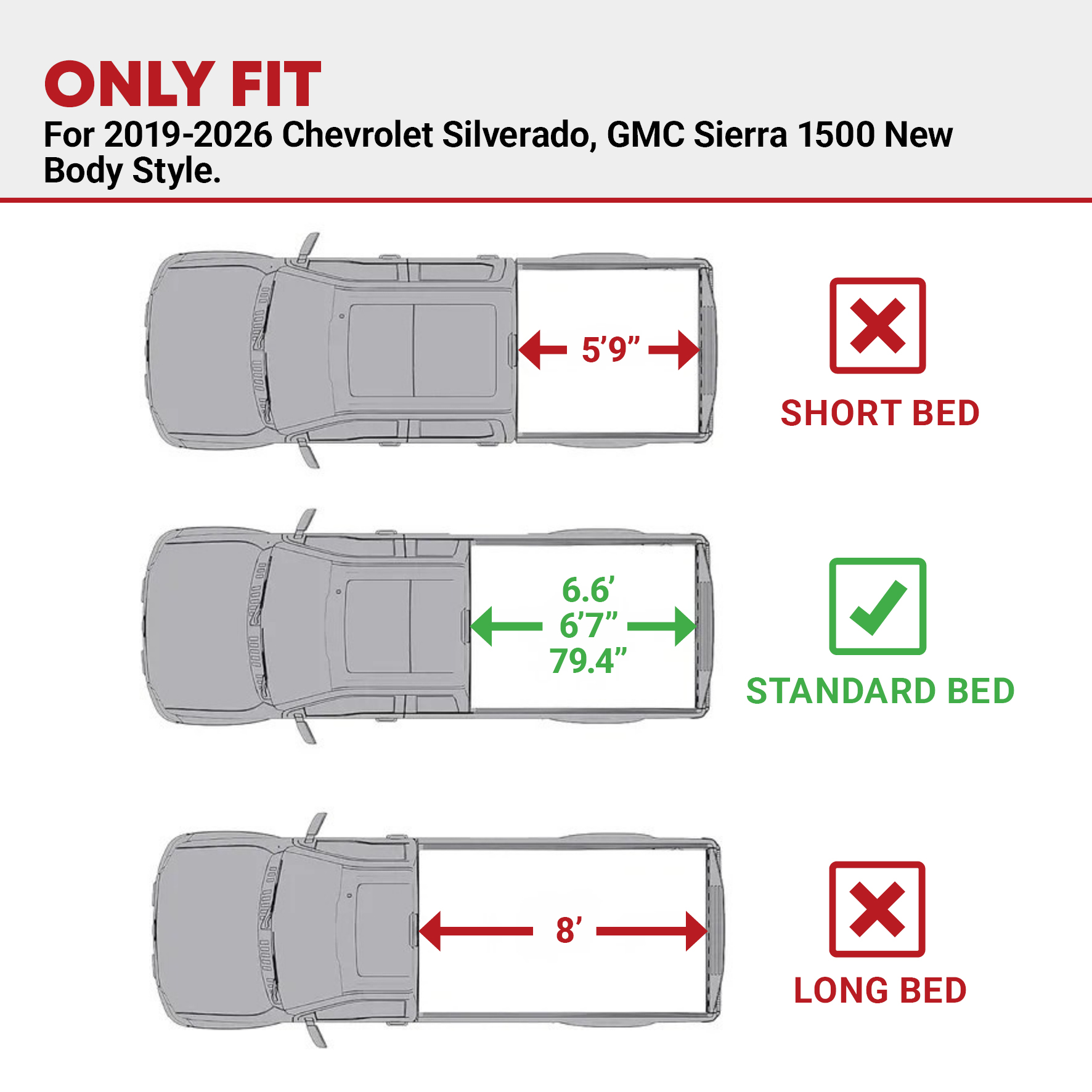 Side view of YITAMOTOR Low-Profile Hard Tri-Fold Tonneau Cover for 2019-2026 Chevy Silverado GMC Sierra 1500 New Body 6.6ft Bed