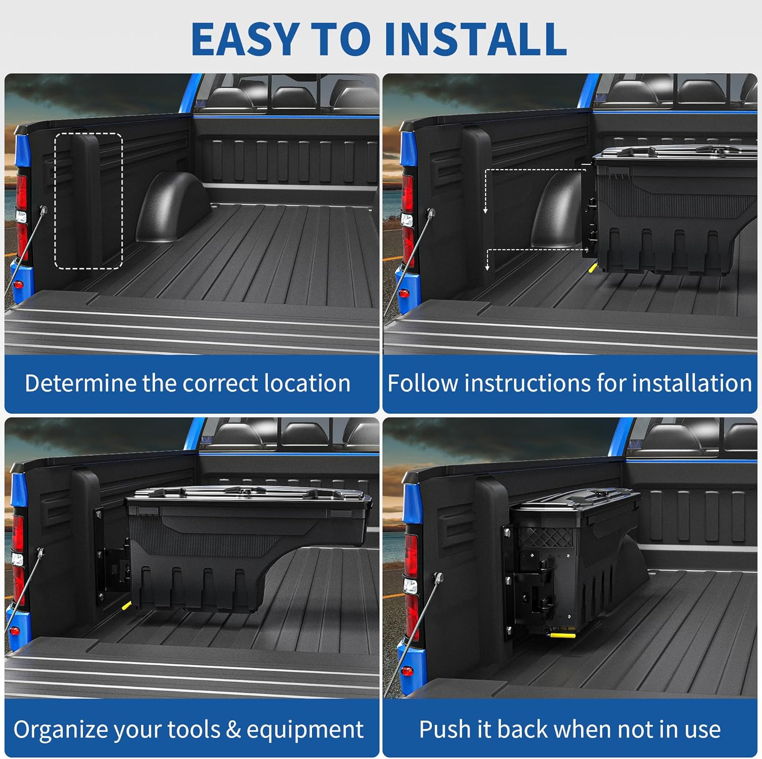 Side view of OEDRO Truck Bed Storage Tool Box Fits 2015-2026 Ford F150 Driver Side, 180 Degree Rotation Rear Tool Boxs with Lockable Lid & Password Padlock, Black