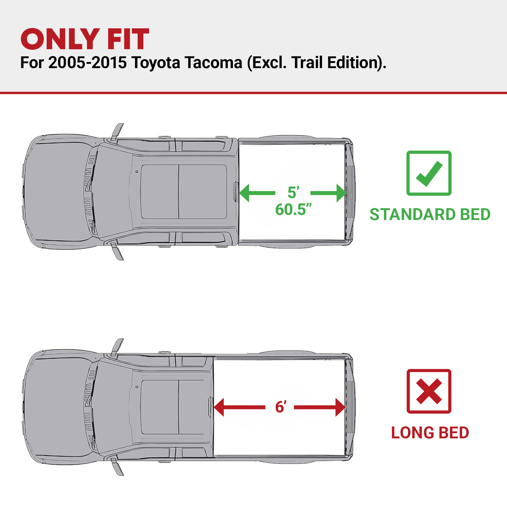 Side view of YITAMOTOR FRP Hard Tri-Fold Tonneau Cover for 2005-2015 Toyota Tacoma 5 ft Bed (Excludes Trail Edition) | Durable Truck Bed Cover