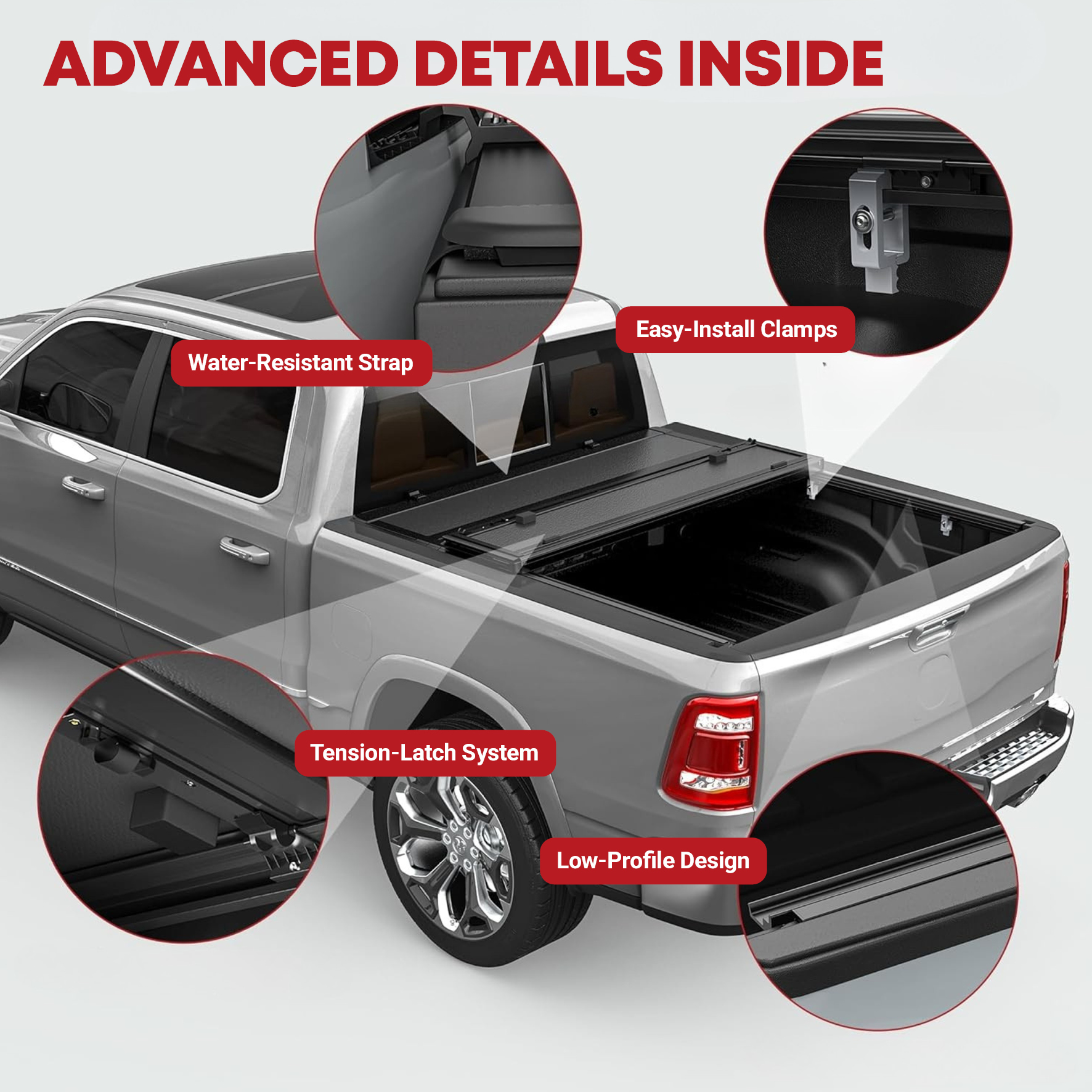 Side view of YITAMOTOR Low-Profile Hard Quad-Fold Tonneau Cover for 2019-2026 Ram 1500 New Body Style 6.4 ft Bed (No Rambox) | Truck Bed Cover