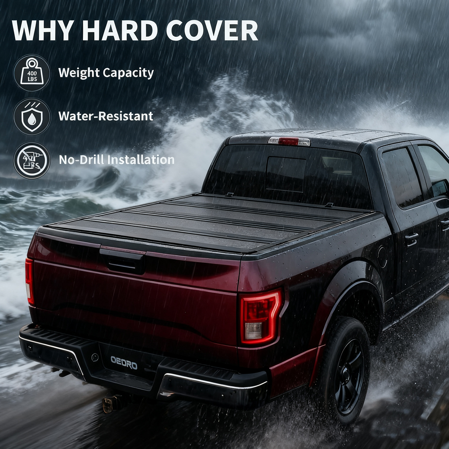 Side view of OEDRO Low-Profile Hard Quad-Fold Tonneau Cover Compatible with 2019-2026 Dodge Ram 1500 New Body 5.7ft Bed Without Rambox, One-Handed Quick Release