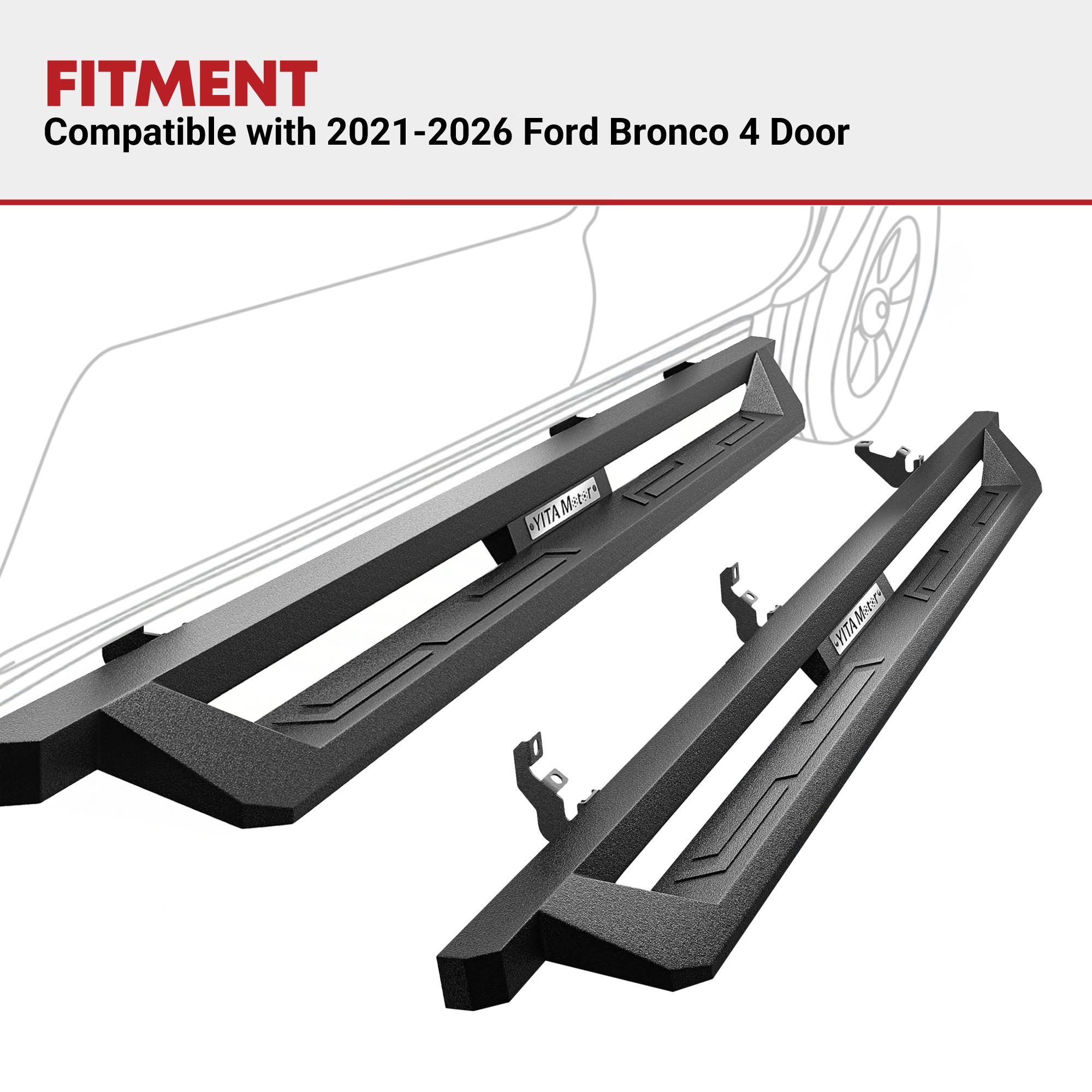 Side view of YITAMOTOR® 2021-2026 Ford Bronco 4 Door Running Boards, Off-Road Side Steps