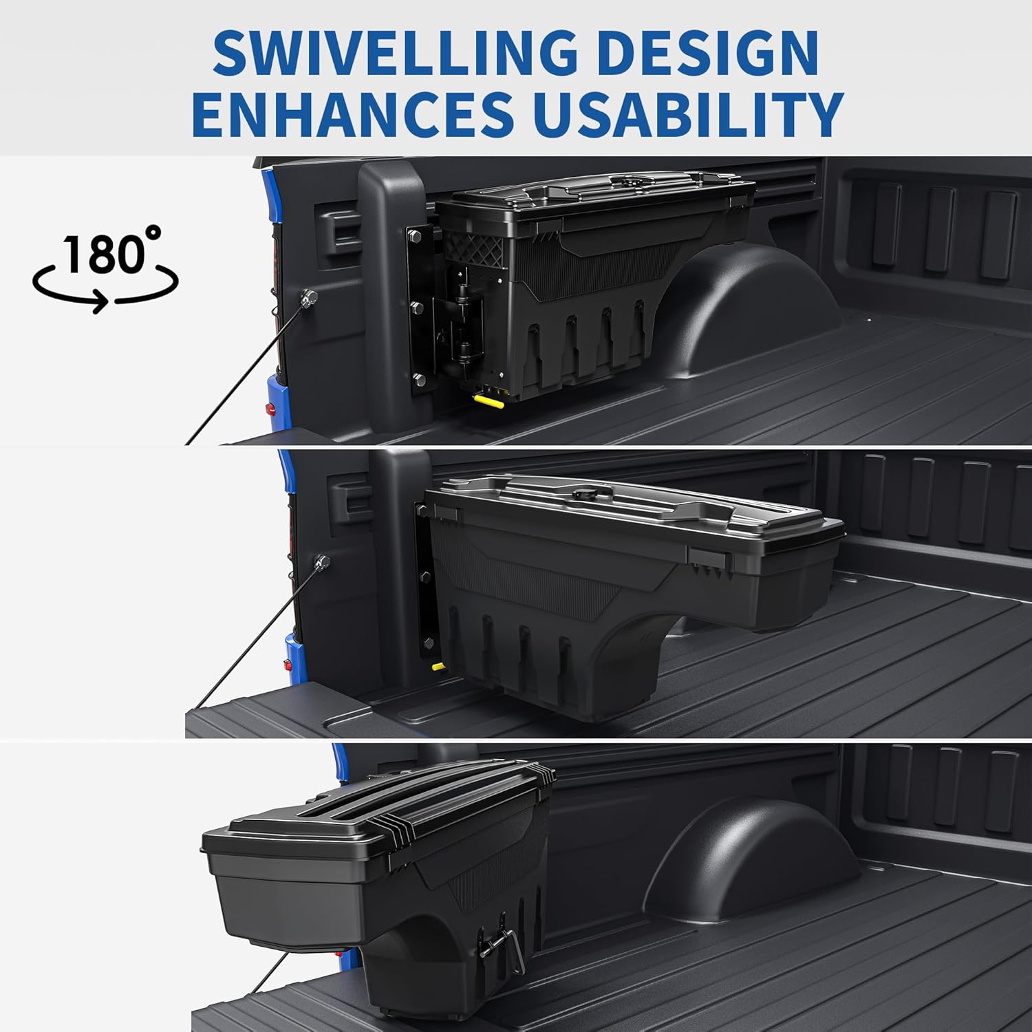 Side view of OEDRO Truck Bed Storage Tool Box Fits 2015-2026 Ford F150 Driver Side, 180 Degree Rotation Rear Tool Boxs with Lockable Lid & Password Padlock, Black