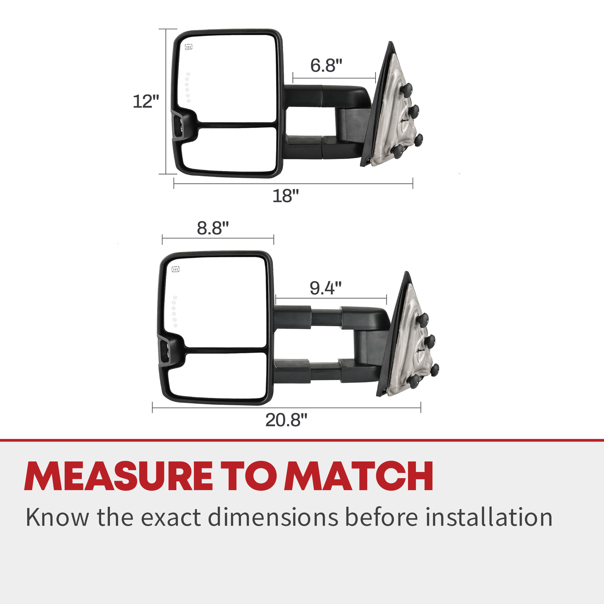 Side view of YITAMOTOR Towing Mirrors - 2014-2018 Silverado/Sierra 1500-3500 HD | Power Heated, LED Switchback, Manual Fold