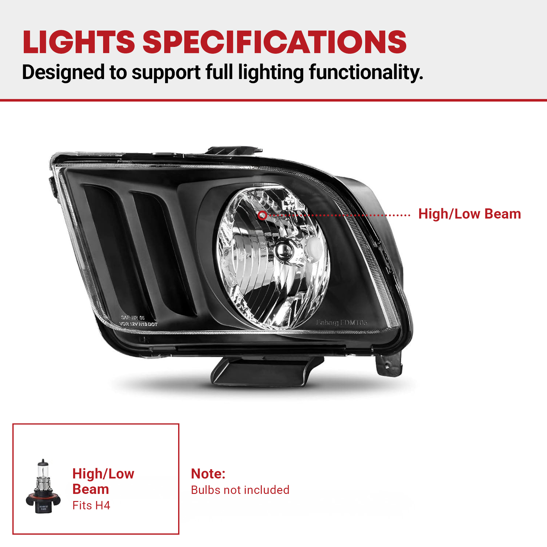 Side view of YITAMOTOR® Headlight Aseembly Compatible with 2005-2009 Ford Mustang Black Housing Clear Lens Driver and Passenger Side